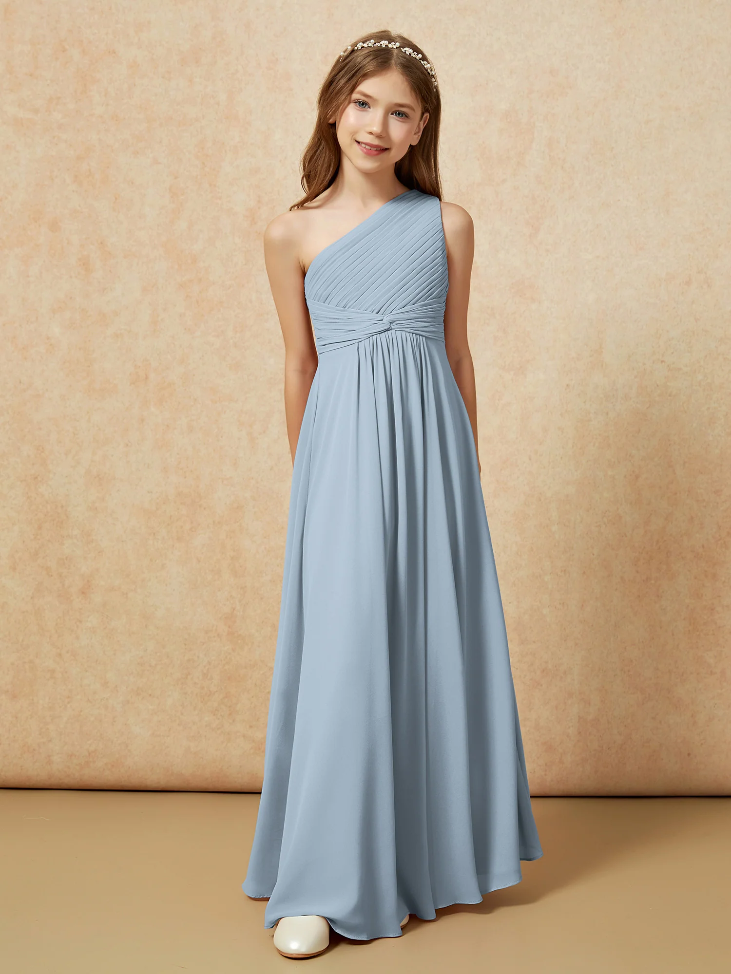 One Shoulder Pleated Chiffon Junior Bridesmaid Dress Dusty Blue
