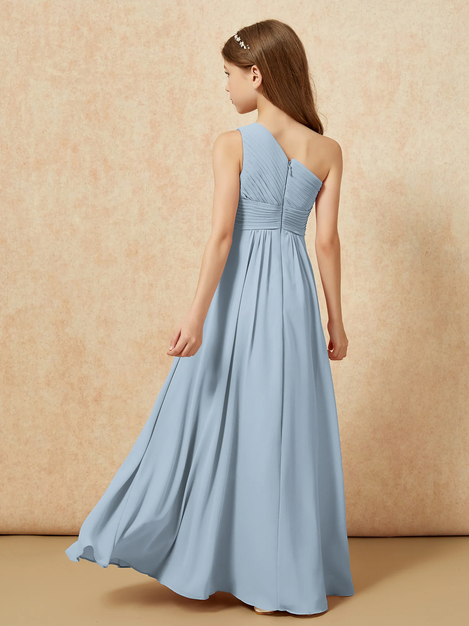 One Shoulder Pleated Chiffon Junior Bridesmaid Dress Dusty Blue - Image 2