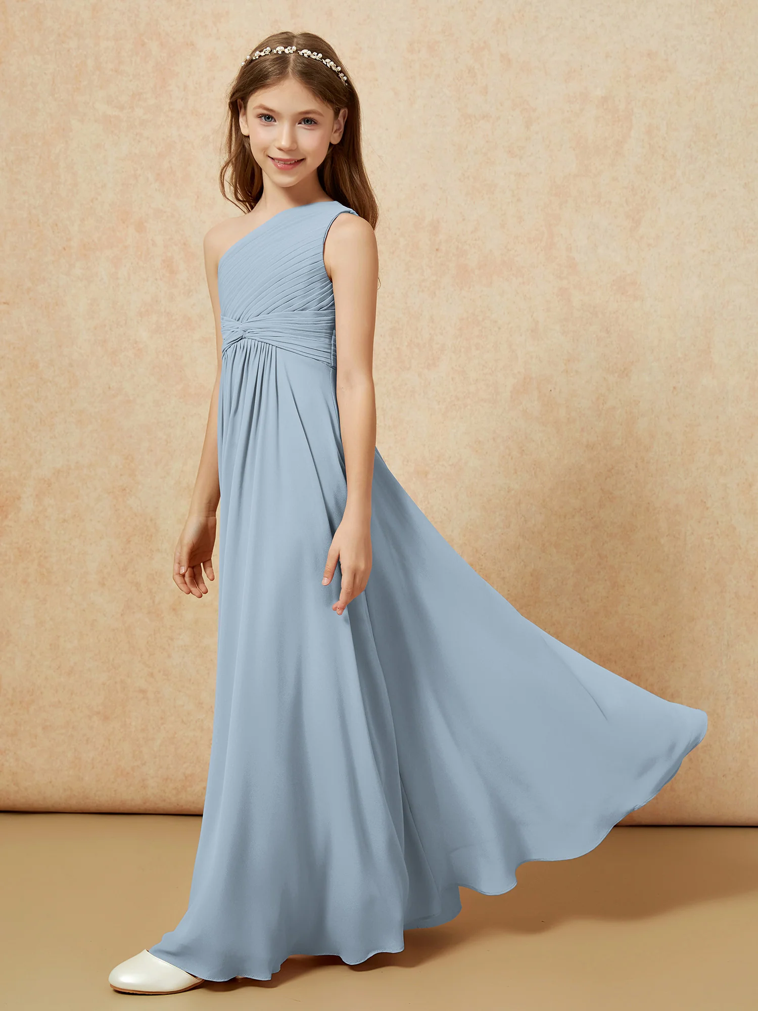 One Shoulder Pleated Chiffon Junior Bridesmaid Dress Dusty Blue - Image 3