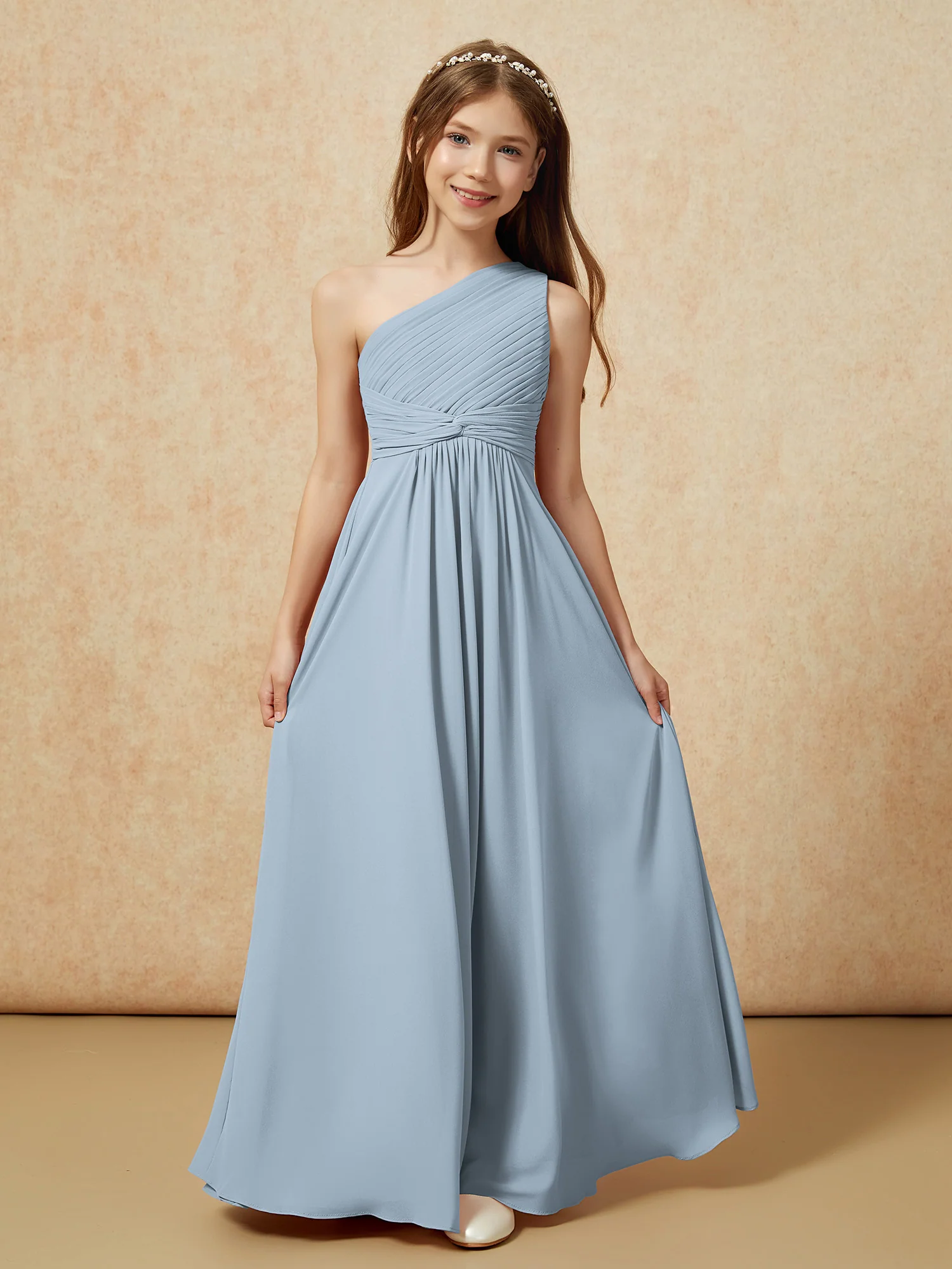 One Shoulder Pleated Chiffon Junior Bridesmaid Dress Dusty Blue - Image 4