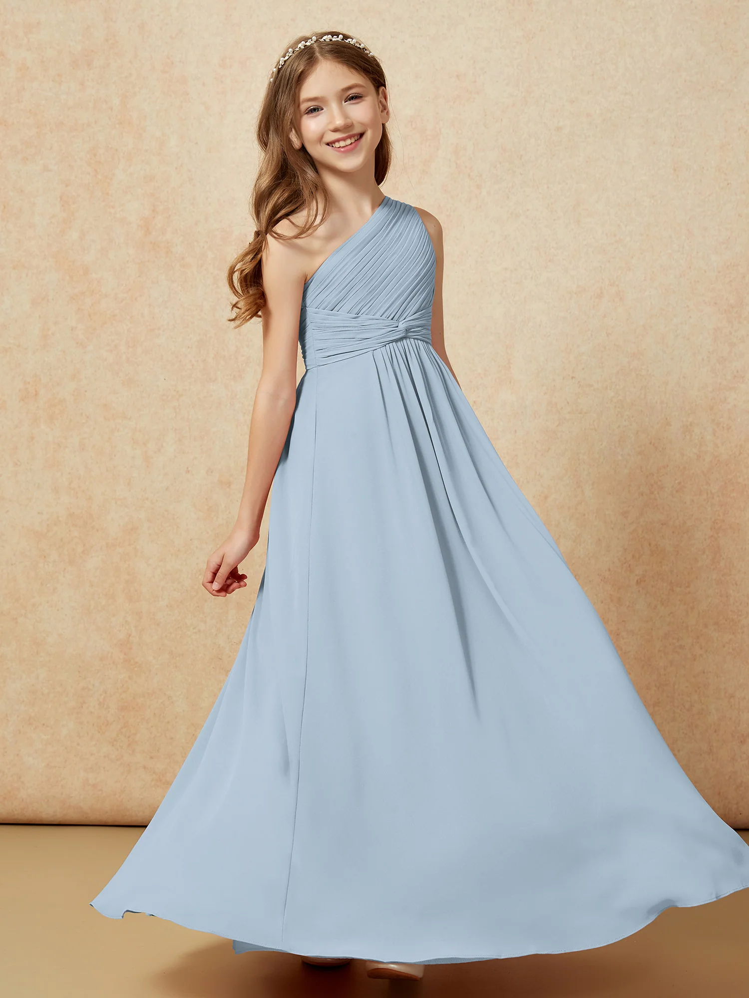 One Shoulder Pleated Chiffon Junior Bridesmaid Dress Dusty Blue - Image 5