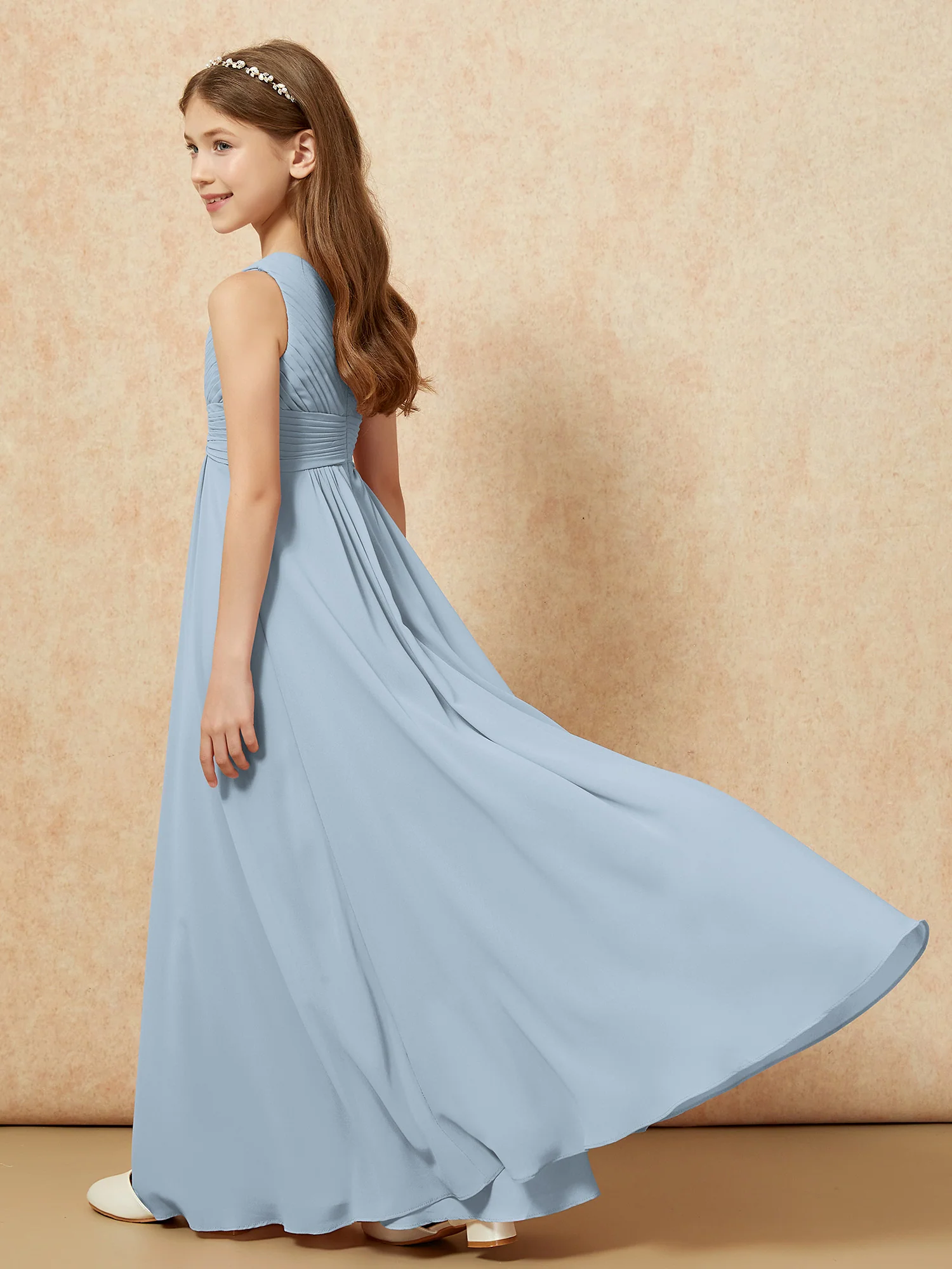 One Shoulder Pleated Chiffon Junior Bridesmaid Dress Dusty Blue - Image 6