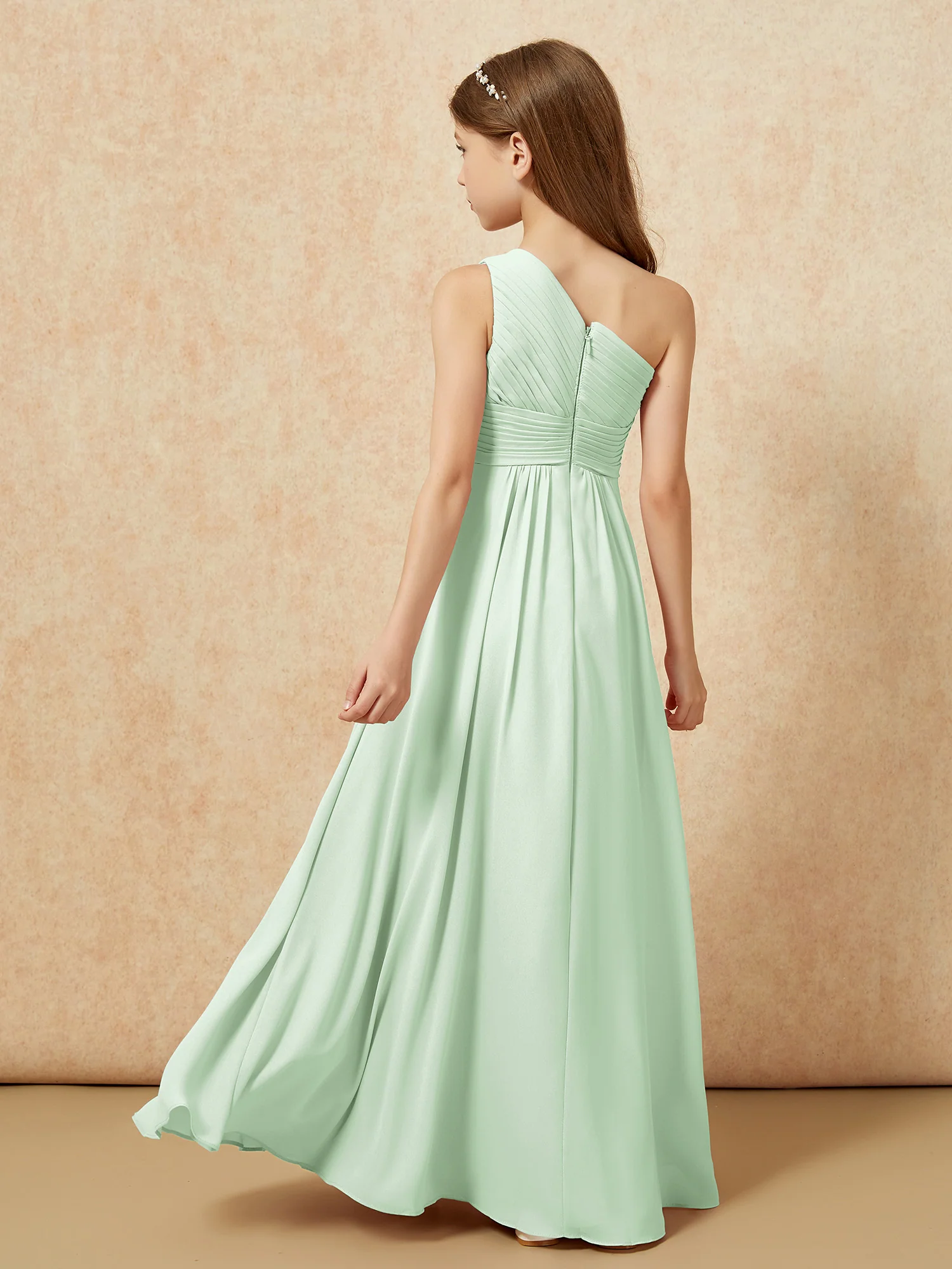 One Shoulder Pleated Chiffon Junior Bridesmaid Dress Dusty Sage - Image 2