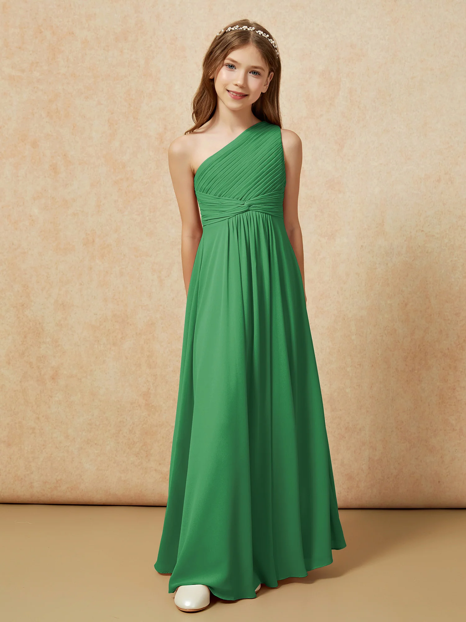 One Shoulder Pleated Chiffon Junior Bridesmaid Dress Emerald