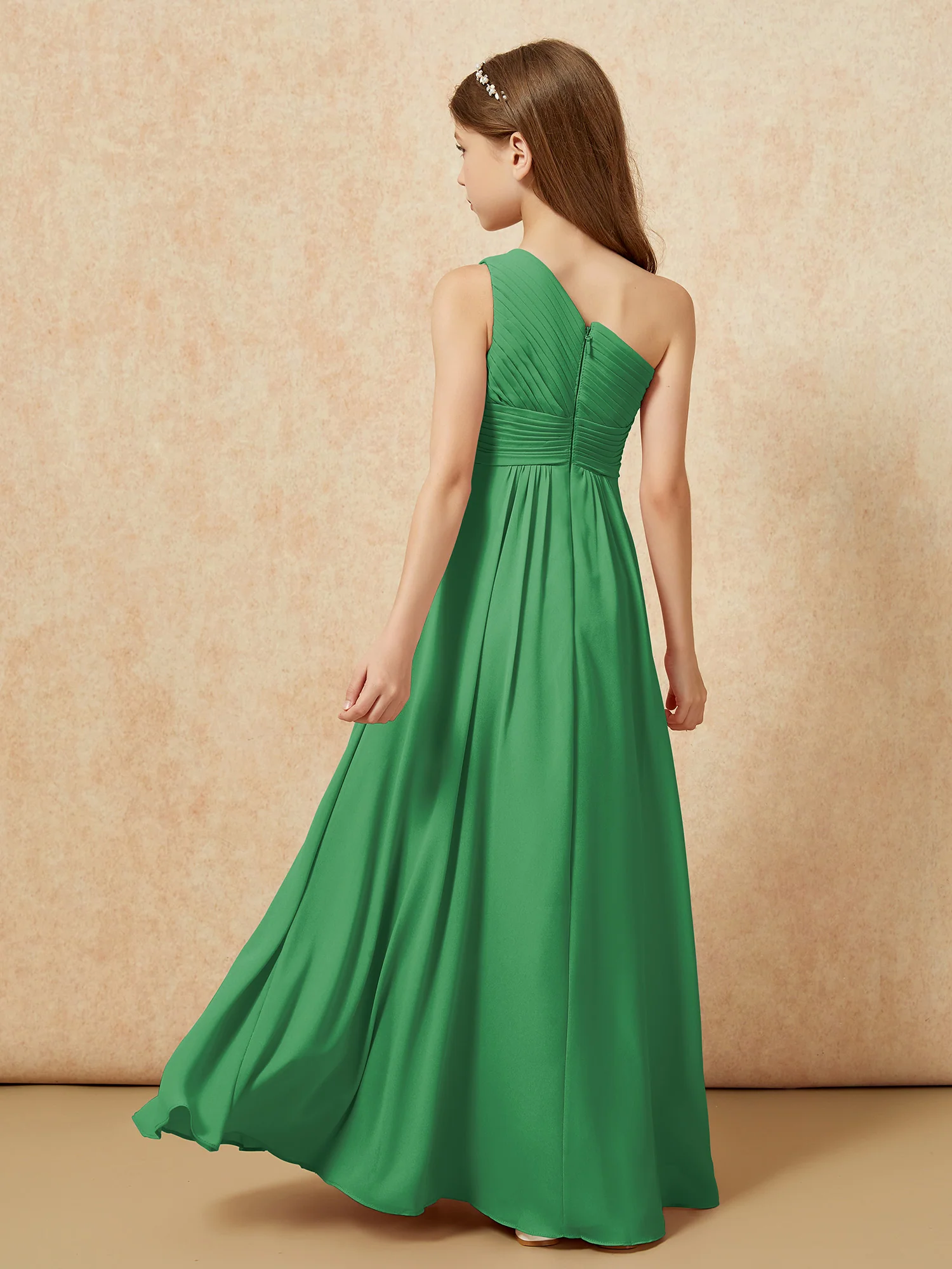 One Shoulder Pleated Chiffon Junior Bridesmaid Dress Emerald - Image 2