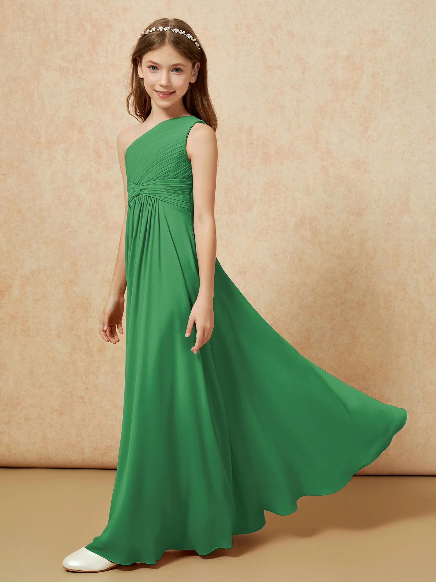 One Shoulder Pleated Chiffon Junior Bridesmaid Dress Emerald - Image 3