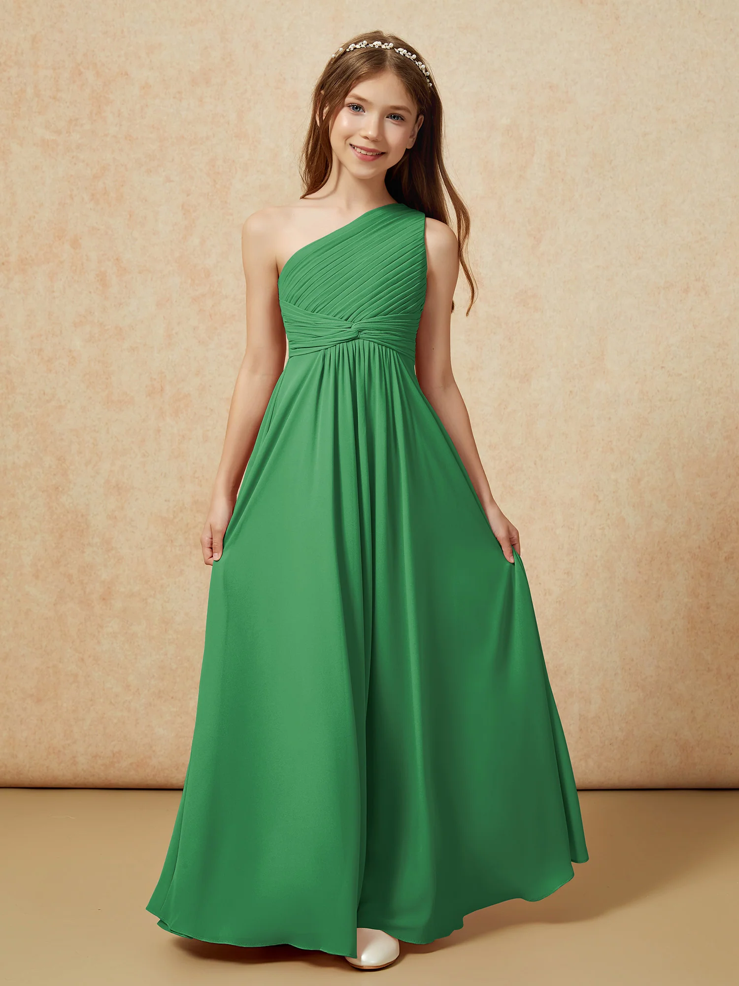 One Shoulder Pleated Chiffon Junior Bridesmaid Dress Emerald - Image 4