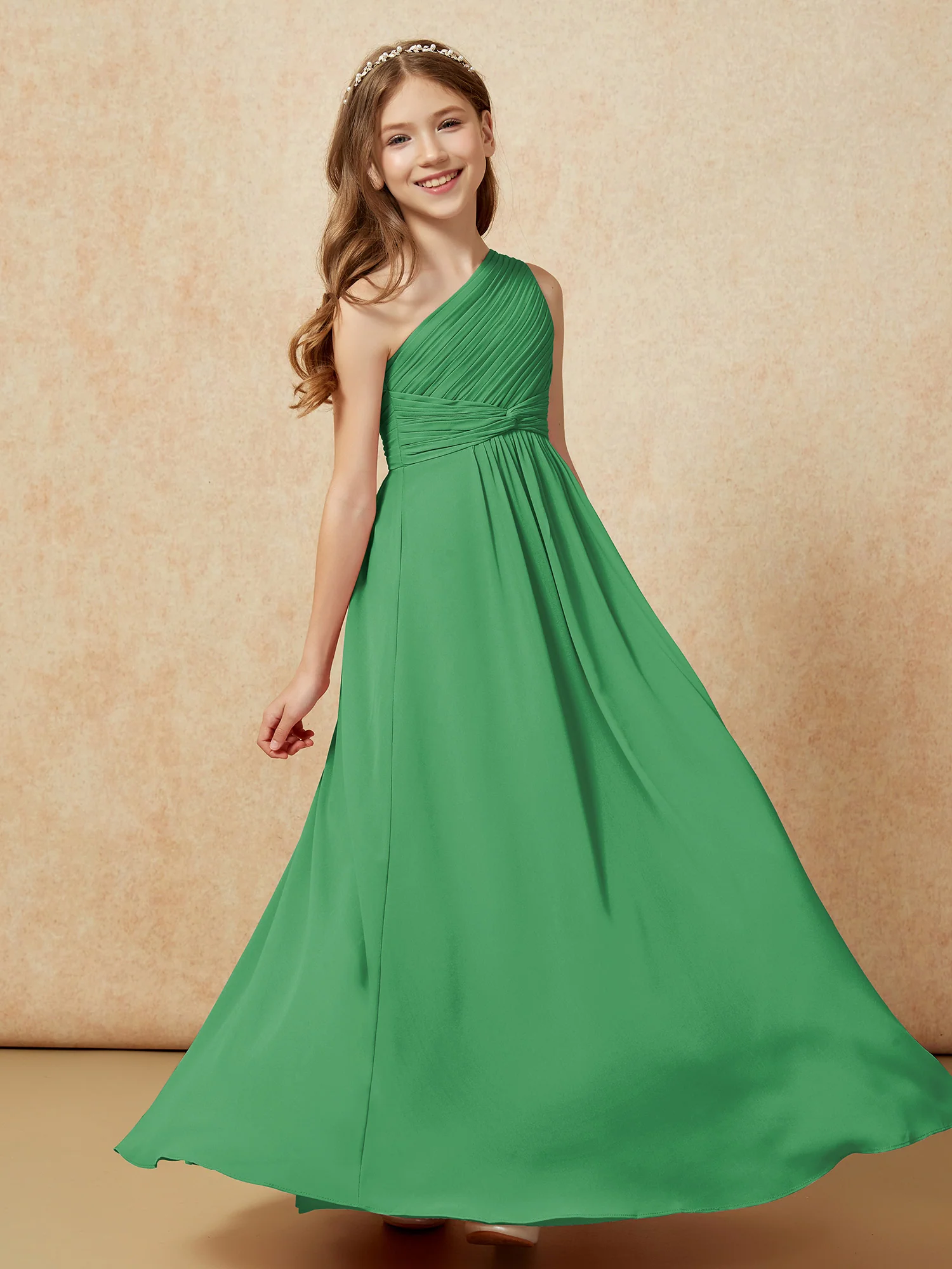 One Shoulder Pleated Chiffon Junior Bridesmaid Dress Emerald - Image 5