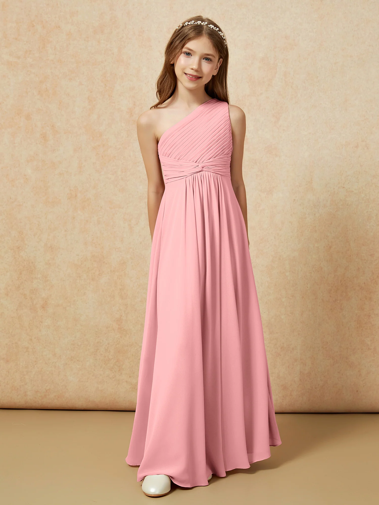 One Shoulder Pleated Chiffon Junior Bridesmaid Dress Flamingo