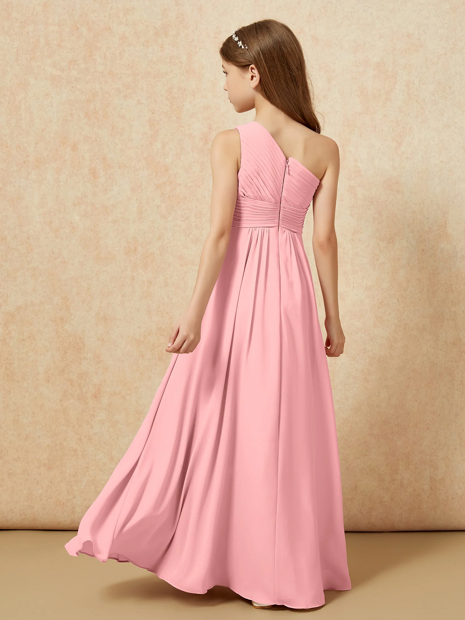 One Shoulder Pleated Chiffon Junior Bridesmaid Dress Flamingo - Image 2