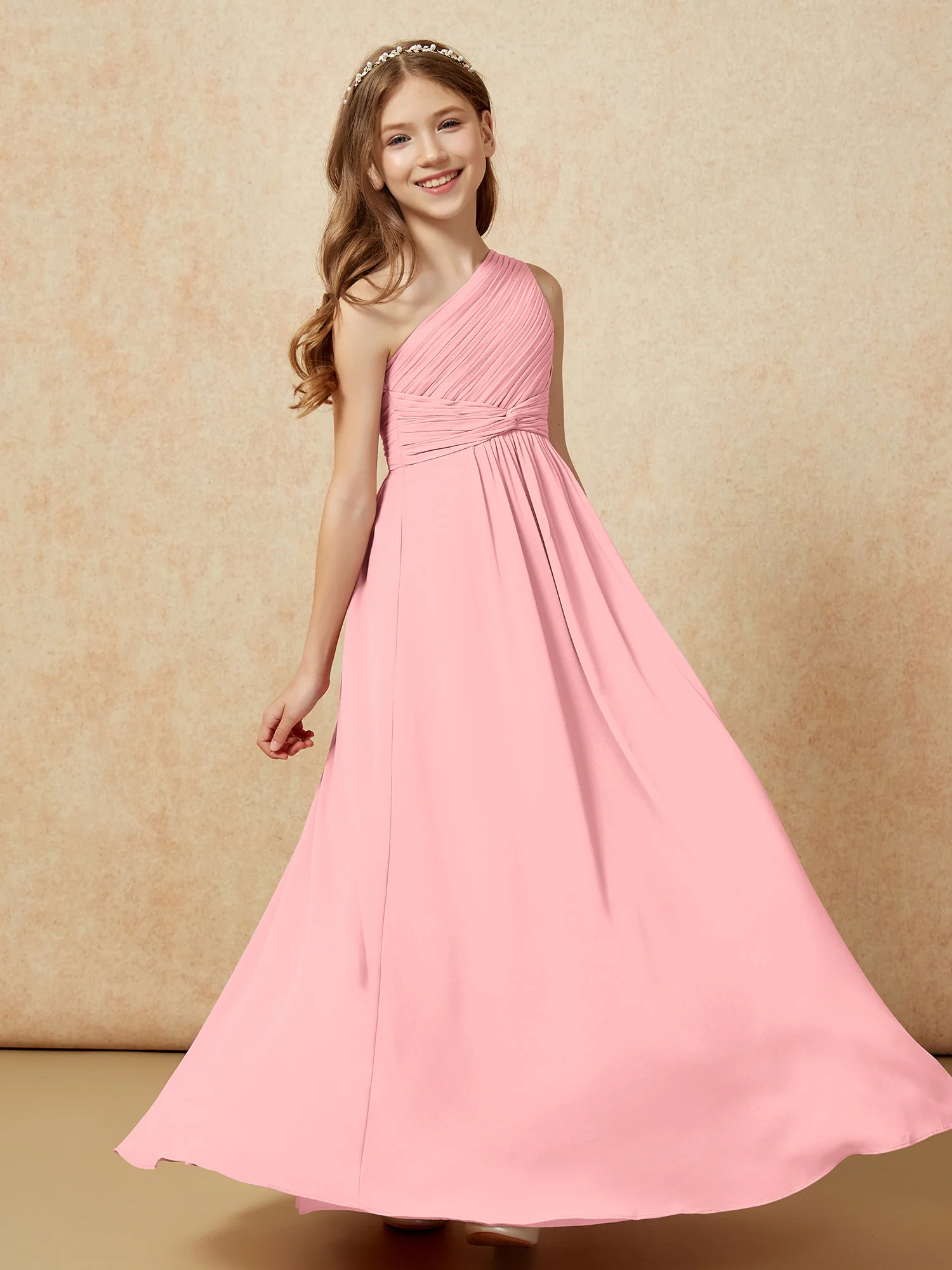 One Shoulder Pleated Chiffon Junior Bridesmaid Dress Flamingo - Image 5