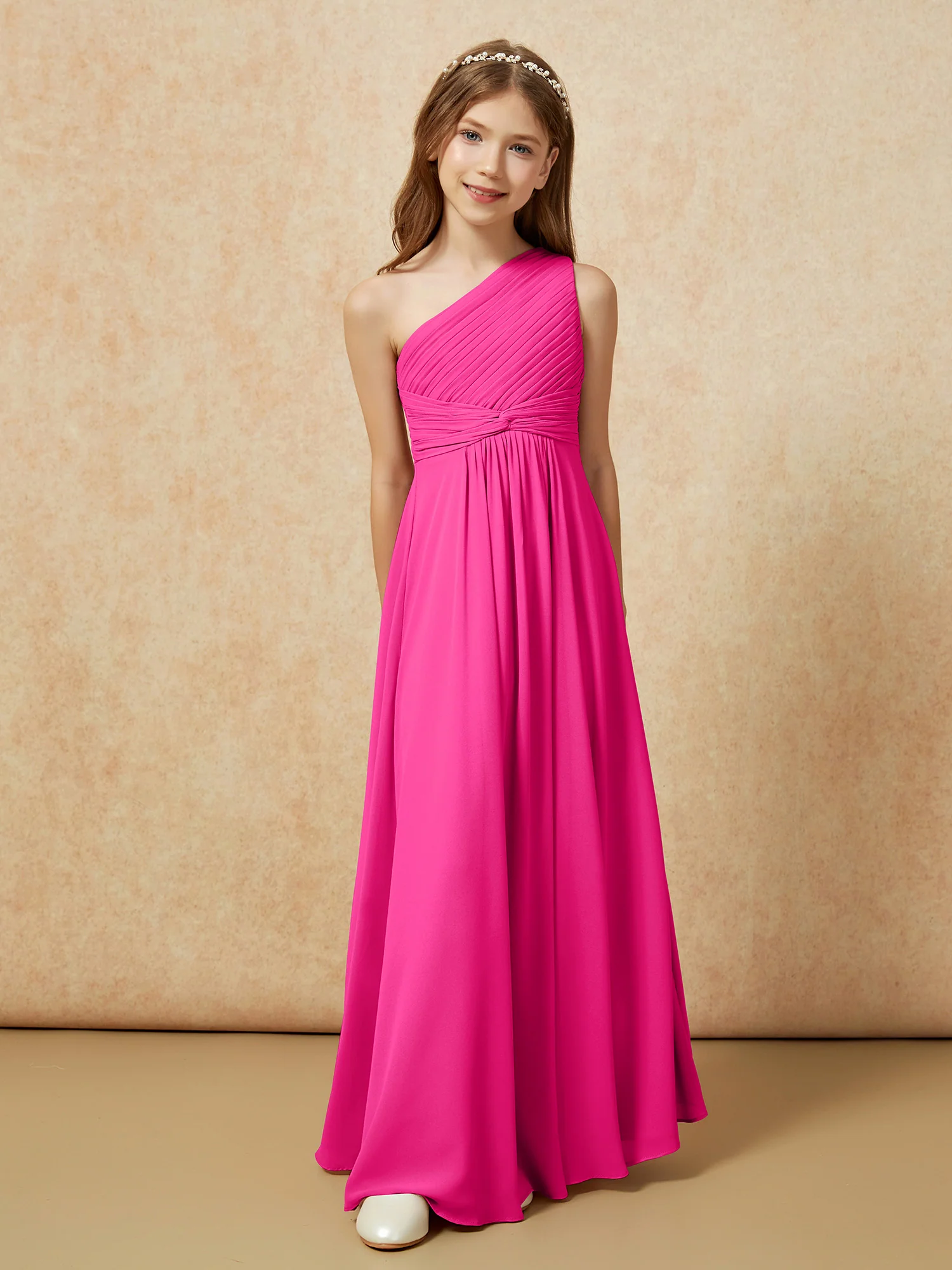 One Shoulder Pleated Chiffon Junior Bridesmaid Dress Fuchsia