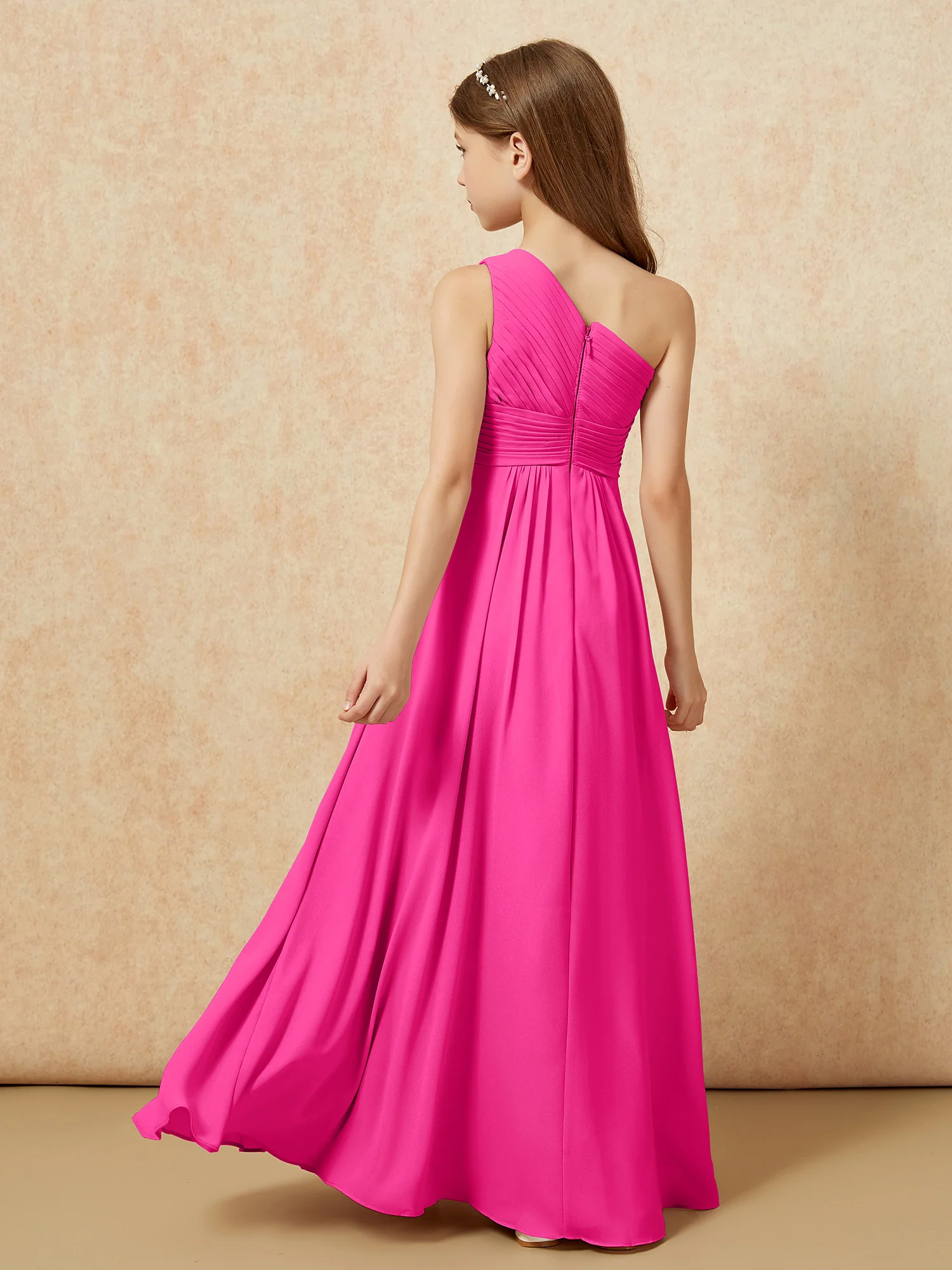 One Shoulder Pleated Chiffon Junior Bridesmaid Dress Fuchsia - Image 2