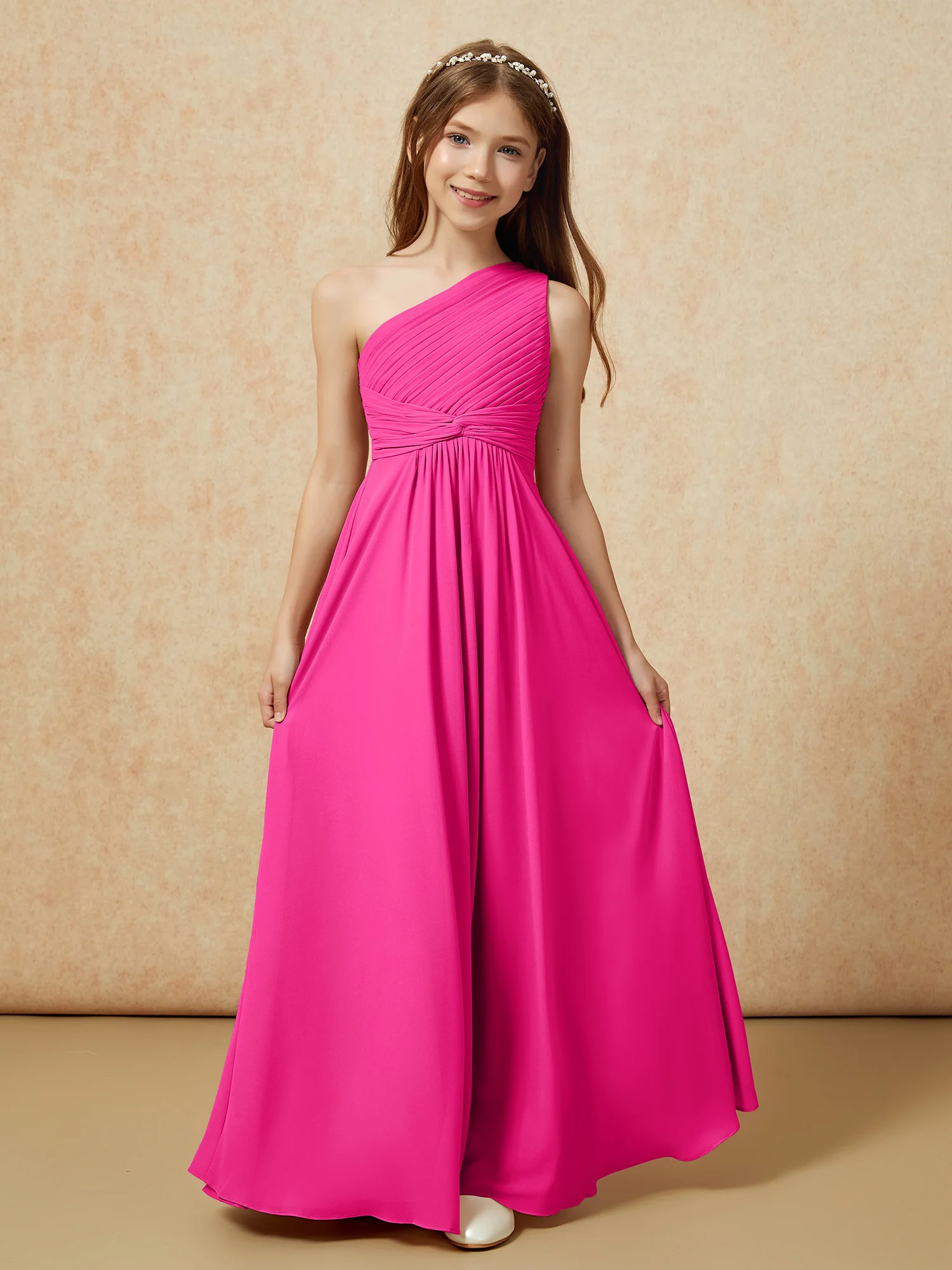 One Shoulder Pleated Chiffon Junior Bridesmaid Dress Fuchsia - Image 4