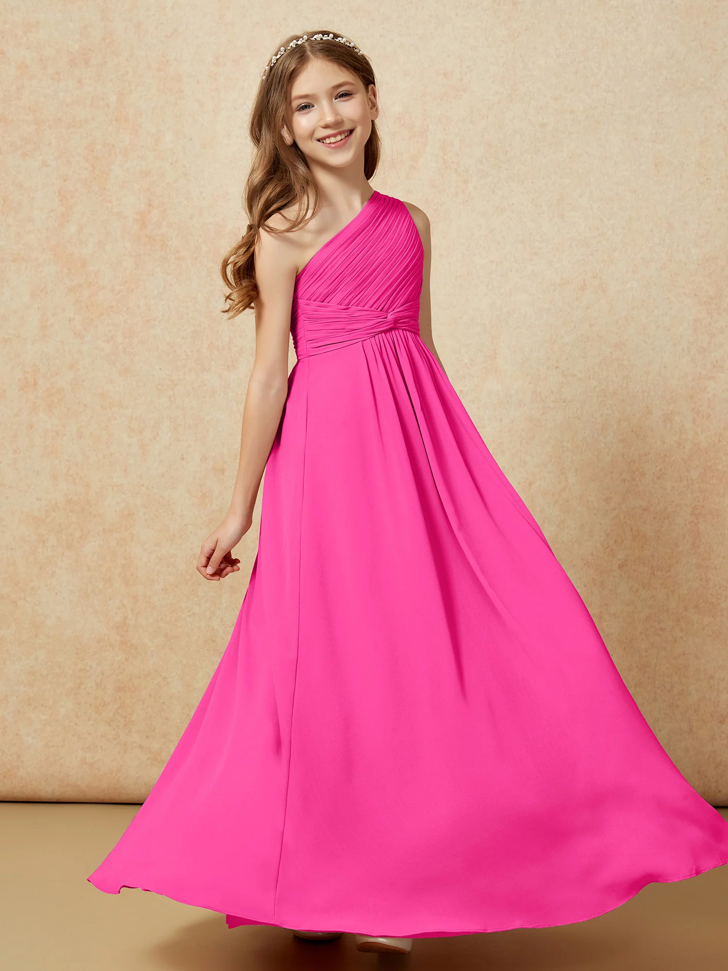 One Shoulder Pleated Chiffon Junior Bridesmaid Dress Fuchsia - Image 5