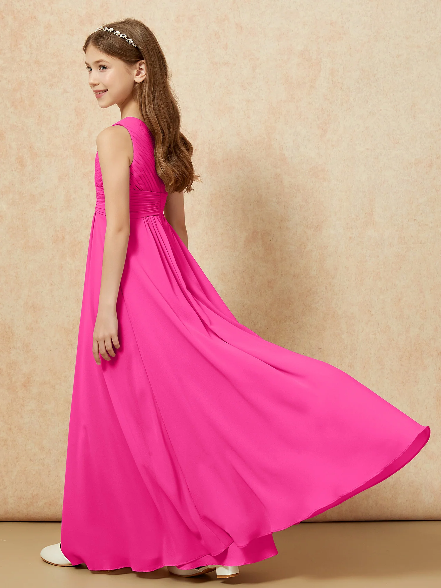 One Shoulder Pleated Chiffon Junior Bridesmaid Dress Fuchsia - Image 6