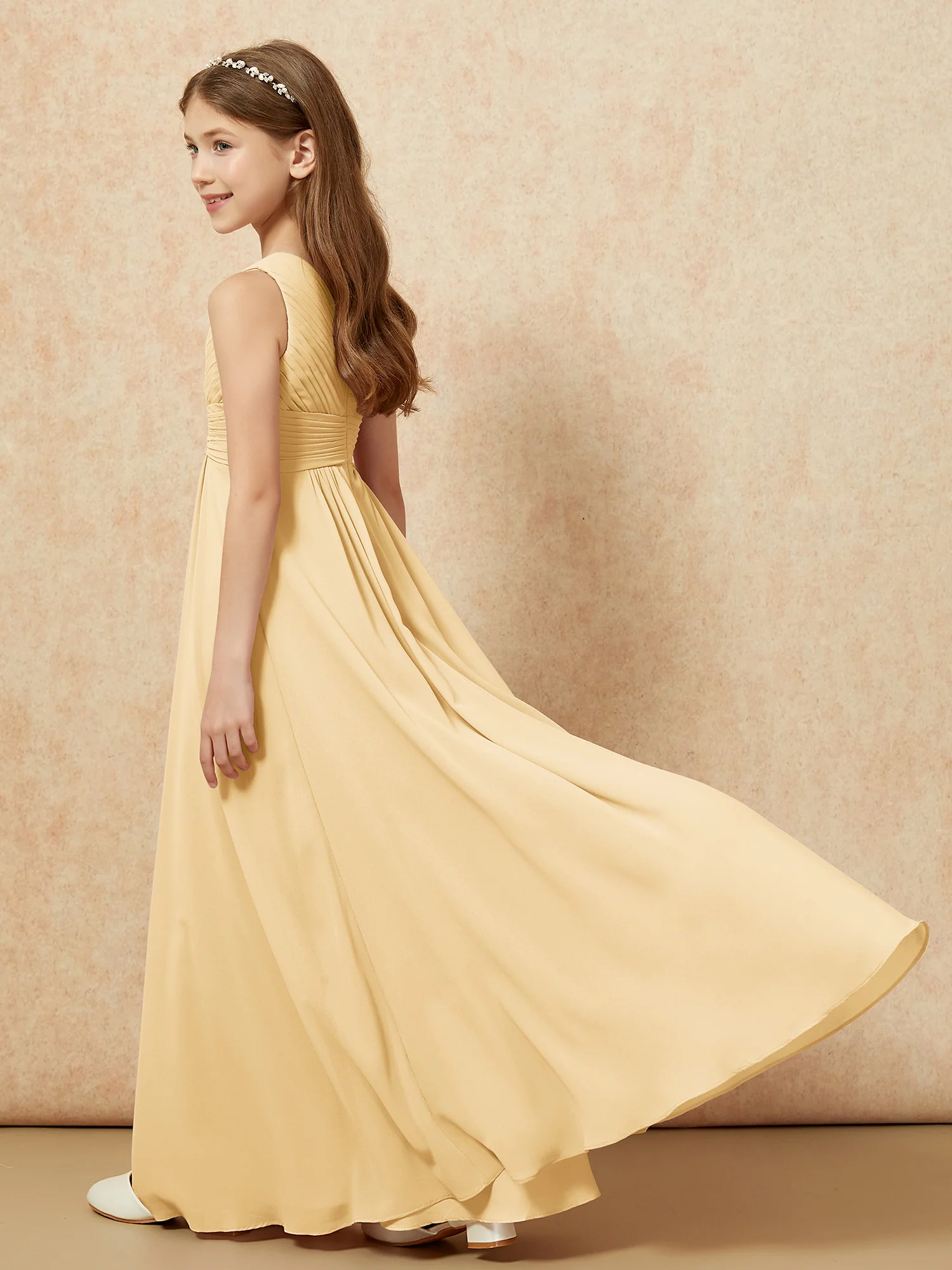 One Shoulder Pleated Chiffon Junior Bridesmaid Dress Gold - Image 6