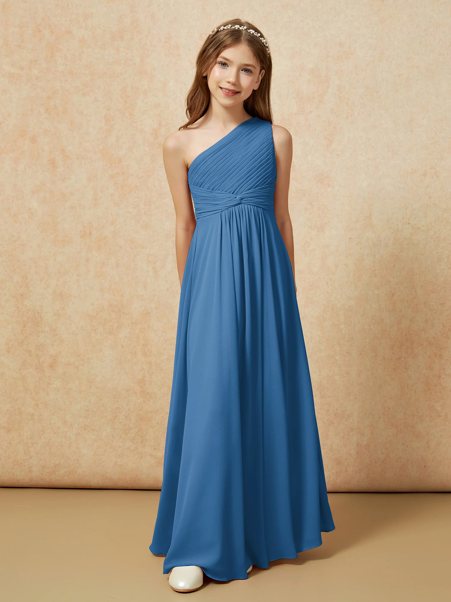 One Shoulder Pleated Chiffon Junior Bridesmaid Dress Ink Blue