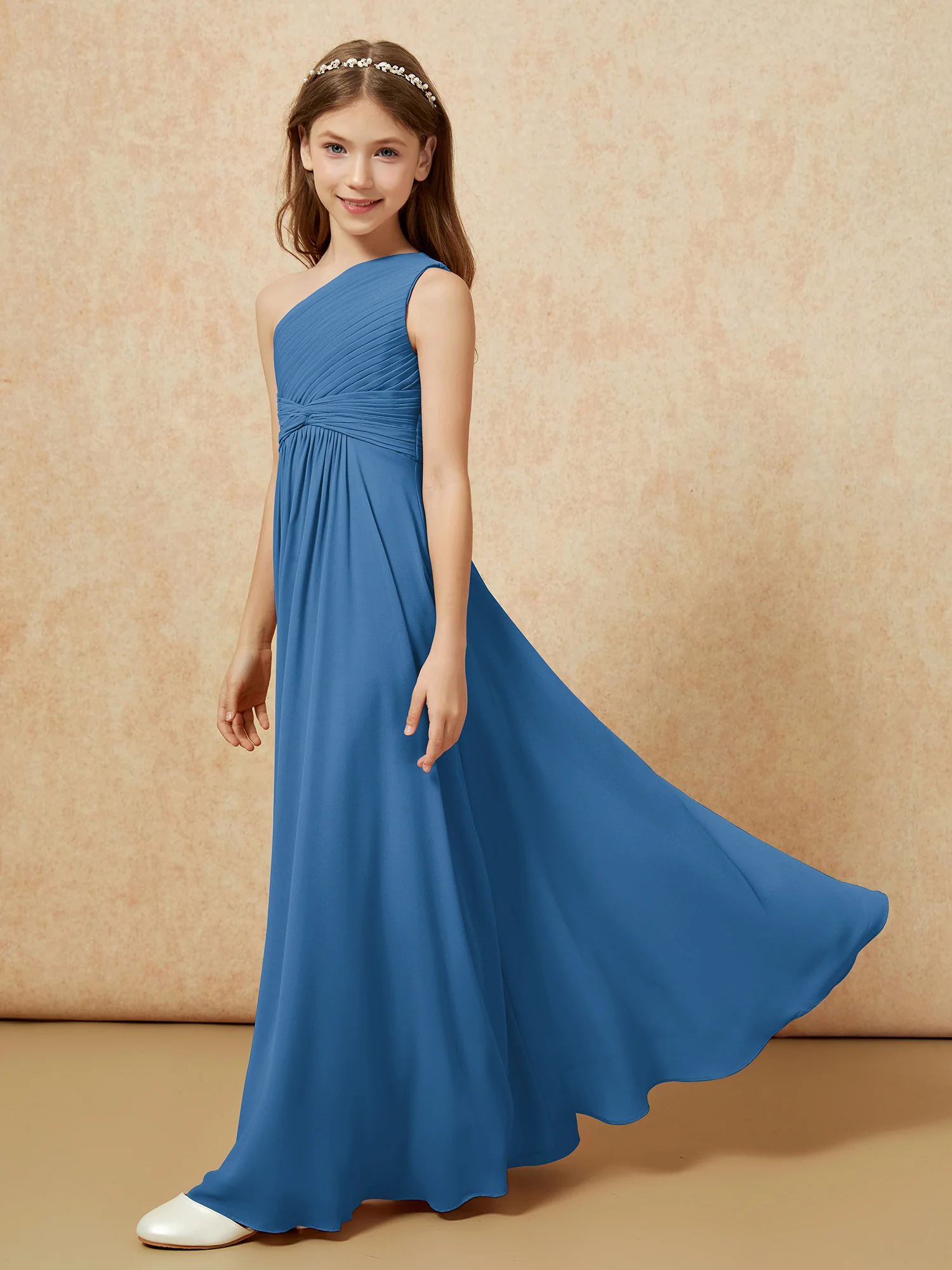 One Shoulder Pleated Chiffon Junior Bridesmaid Dress Ink Blue - Image 3