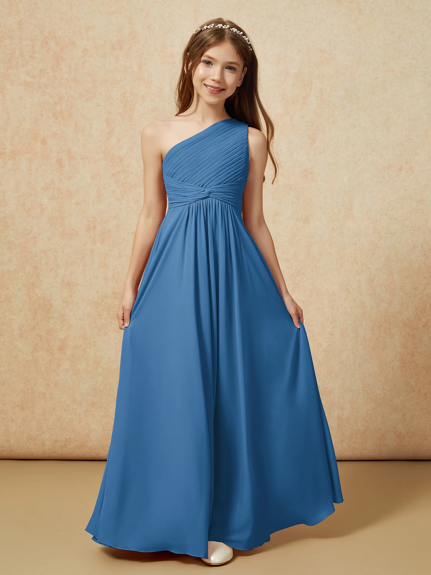 One Shoulder Pleated Chiffon Junior Bridesmaid Dress Ink Blue - Image 4