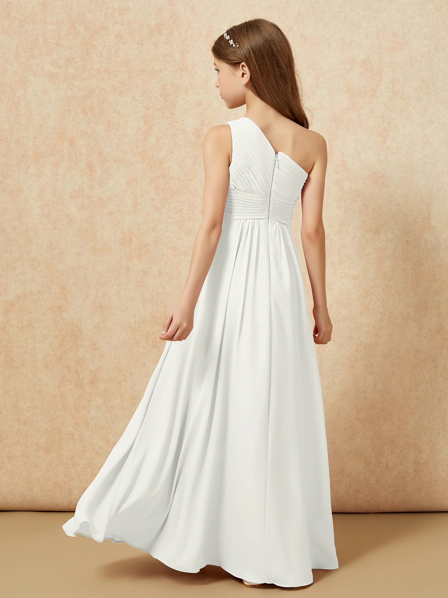 One Shoulder Pleated Chiffon Junior Bridesmaid Dress Ivory - Image 2