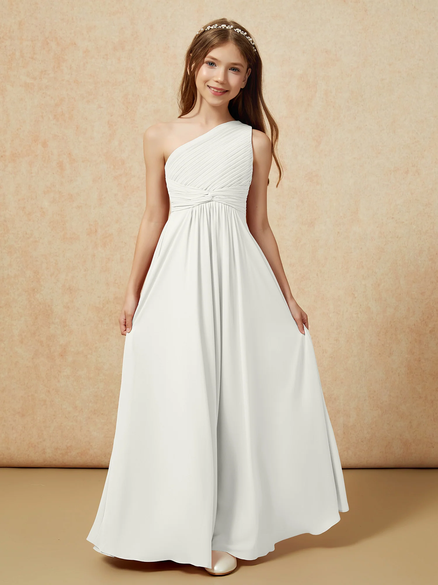 One Shoulder Pleated Chiffon Junior Bridesmaid Dress Ivory - Image 4