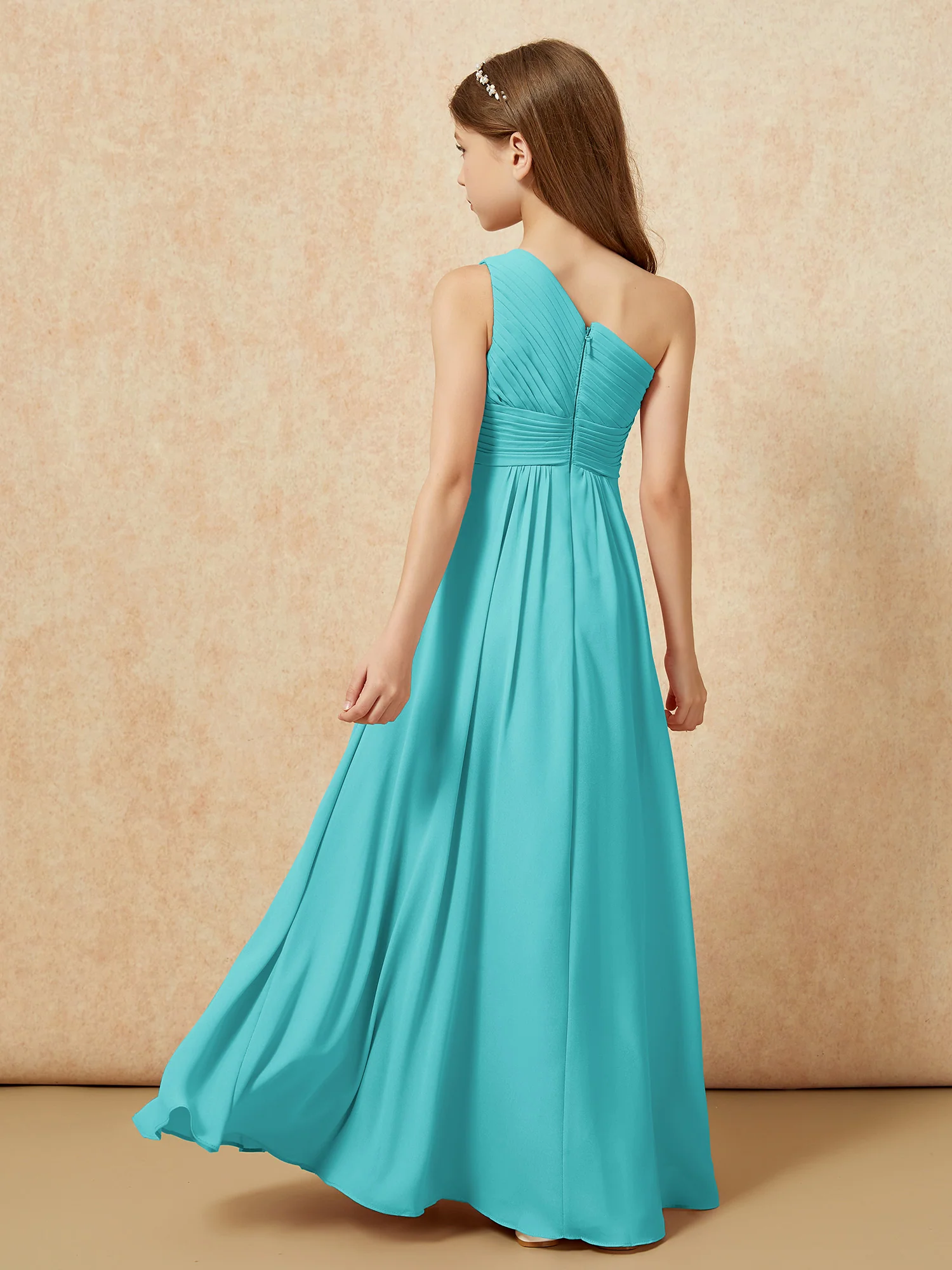 One Shoulder Pleated Chiffon Junior Bridesmaid Dress Jade - Image 2