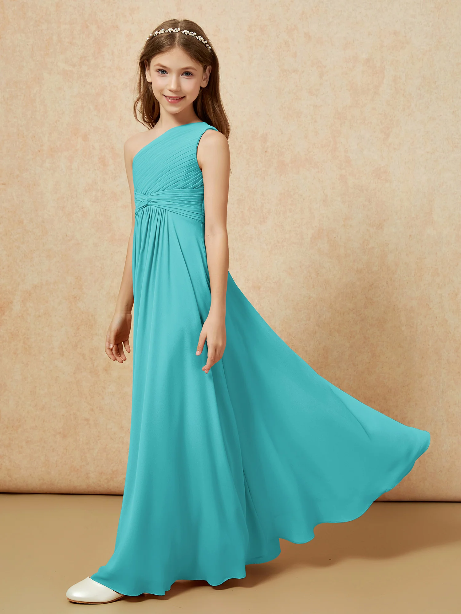 One Shoulder Pleated Chiffon Junior Bridesmaid Dress Jade - Image 3