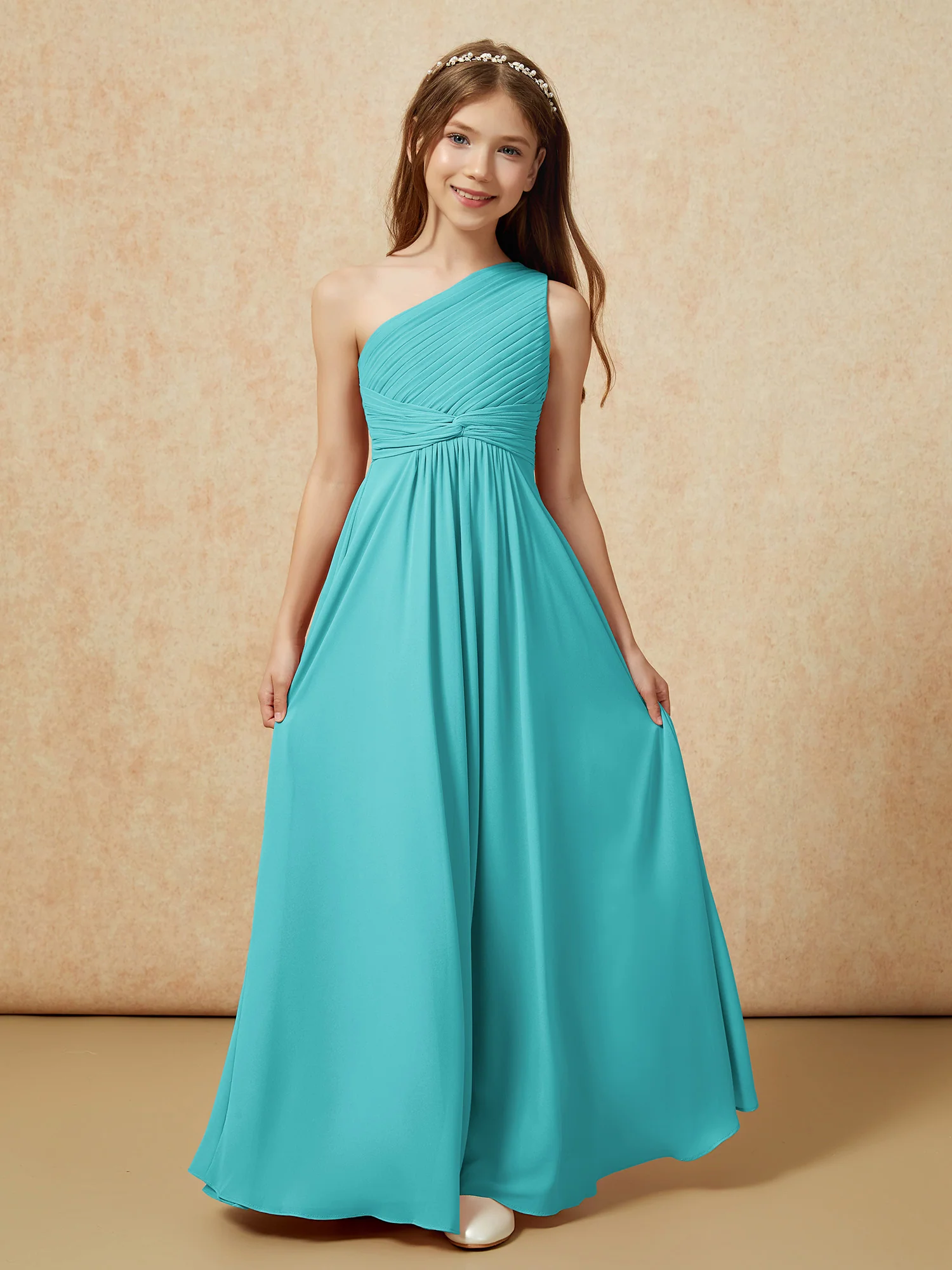 One Shoulder Pleated Chiffon Junior Bridesmaid Dress Jade - Image 4