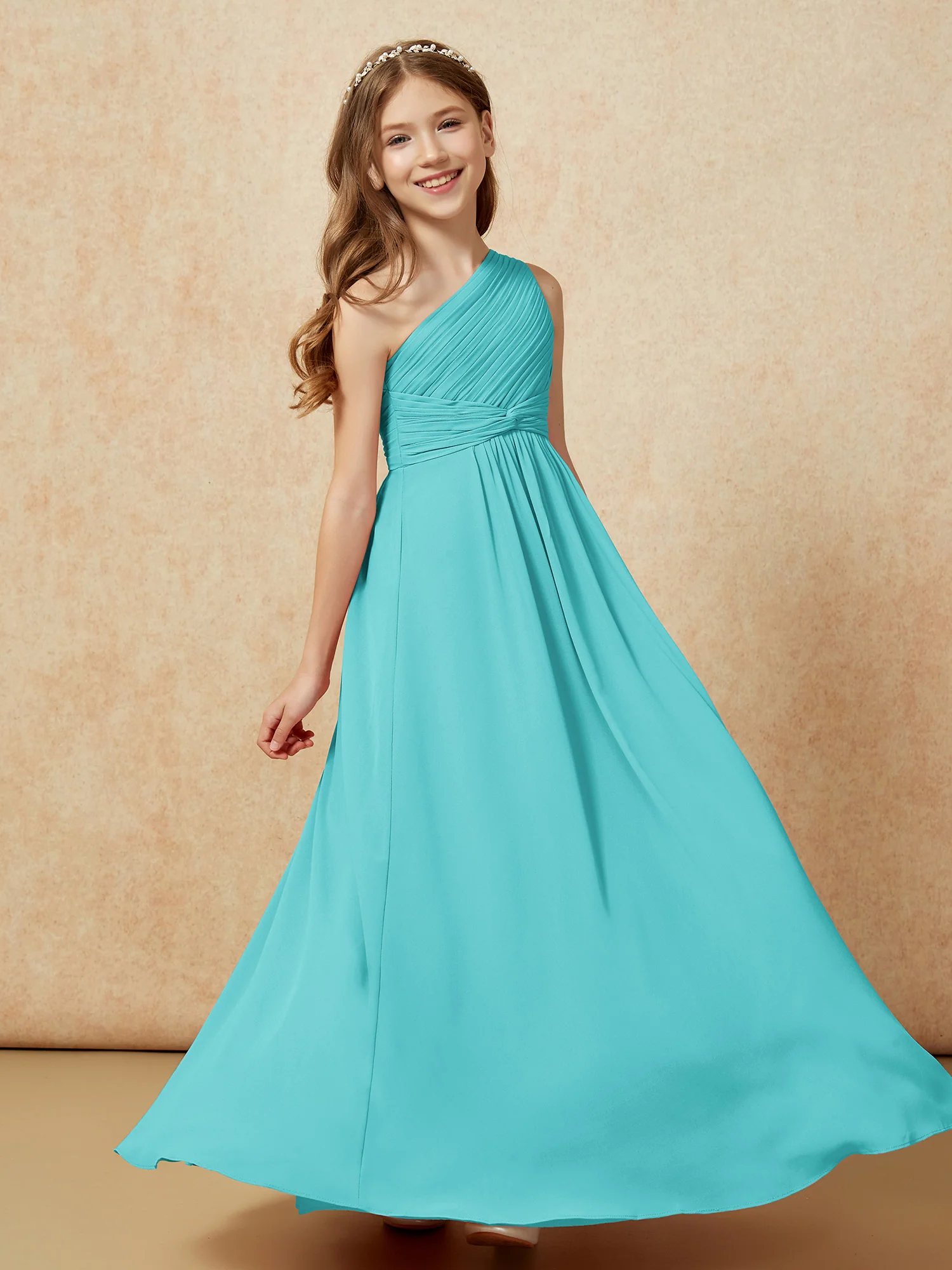 One Shoulder Pleated Chiffon Junior Bridesmaid Dress Jade - Image 5