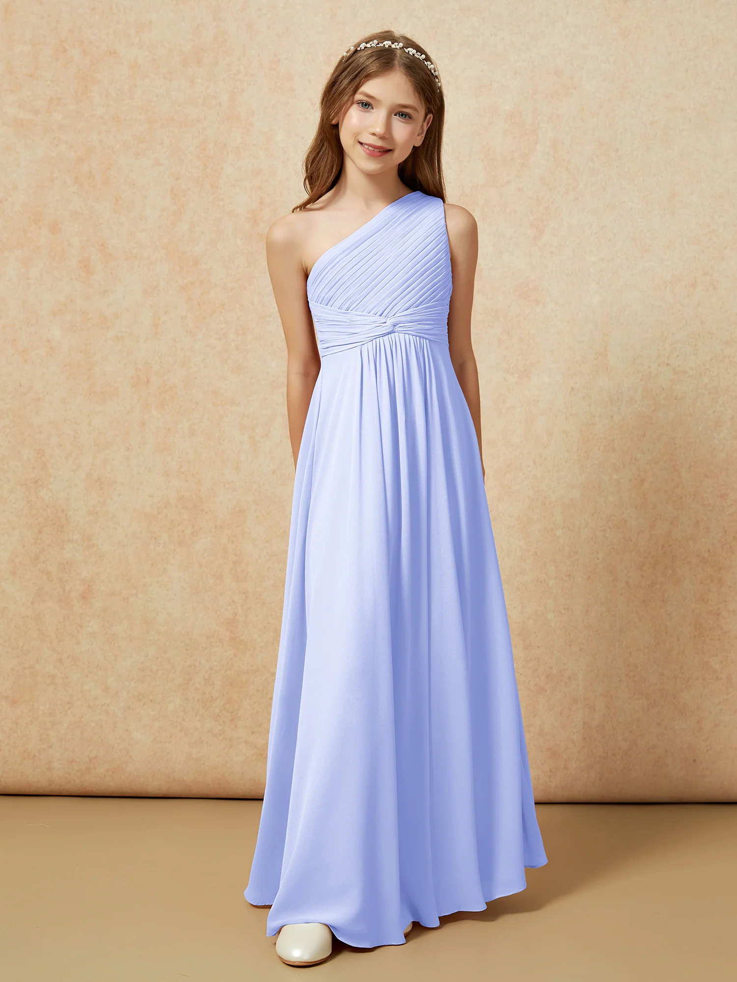 One Shoulder Pleated Chiffon Junior Bridesmaid Dress Lavender