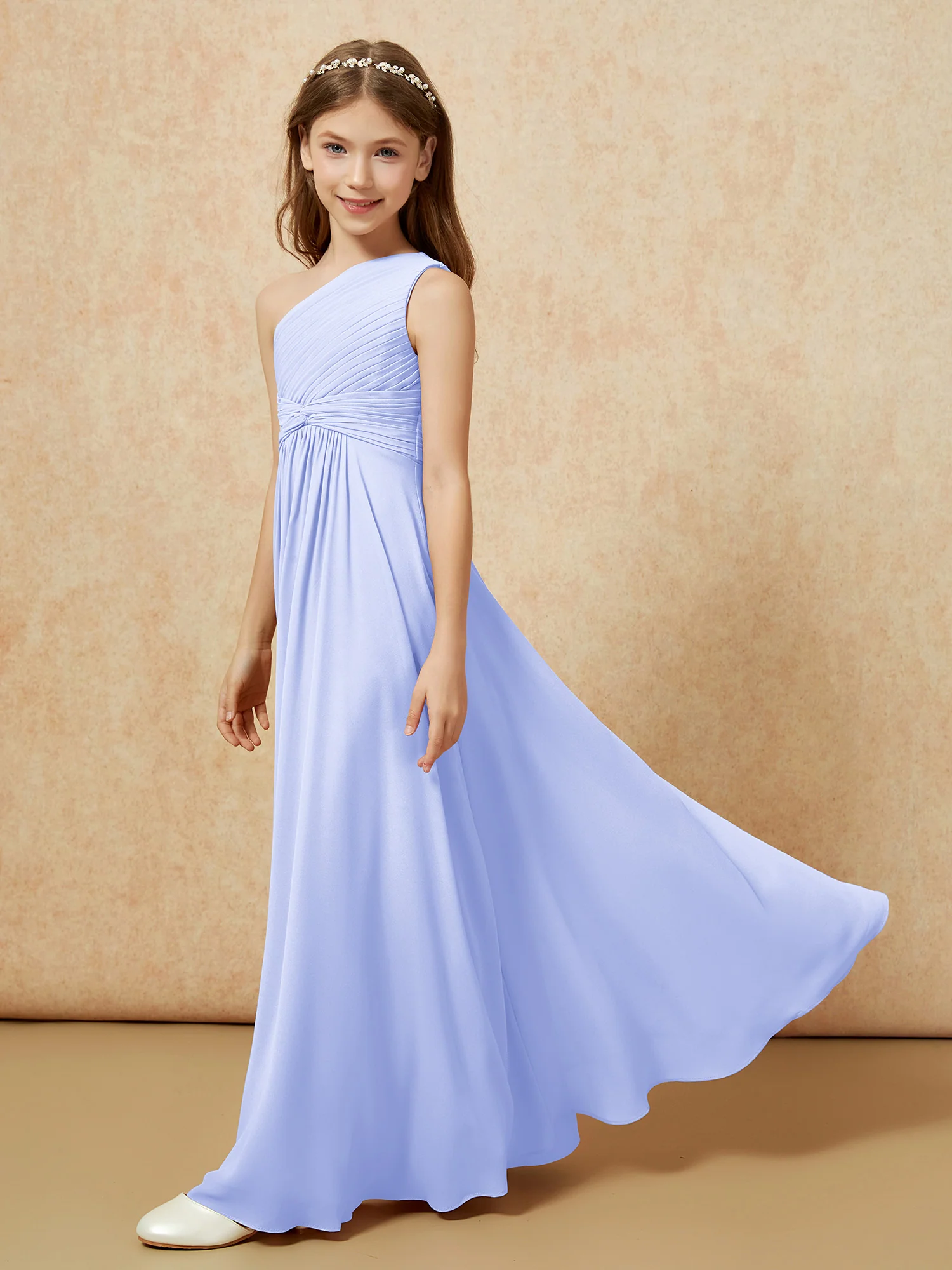 One Shoulder Pleated Chiffon Junior Bridesmaid Dress Lavender - Image 3