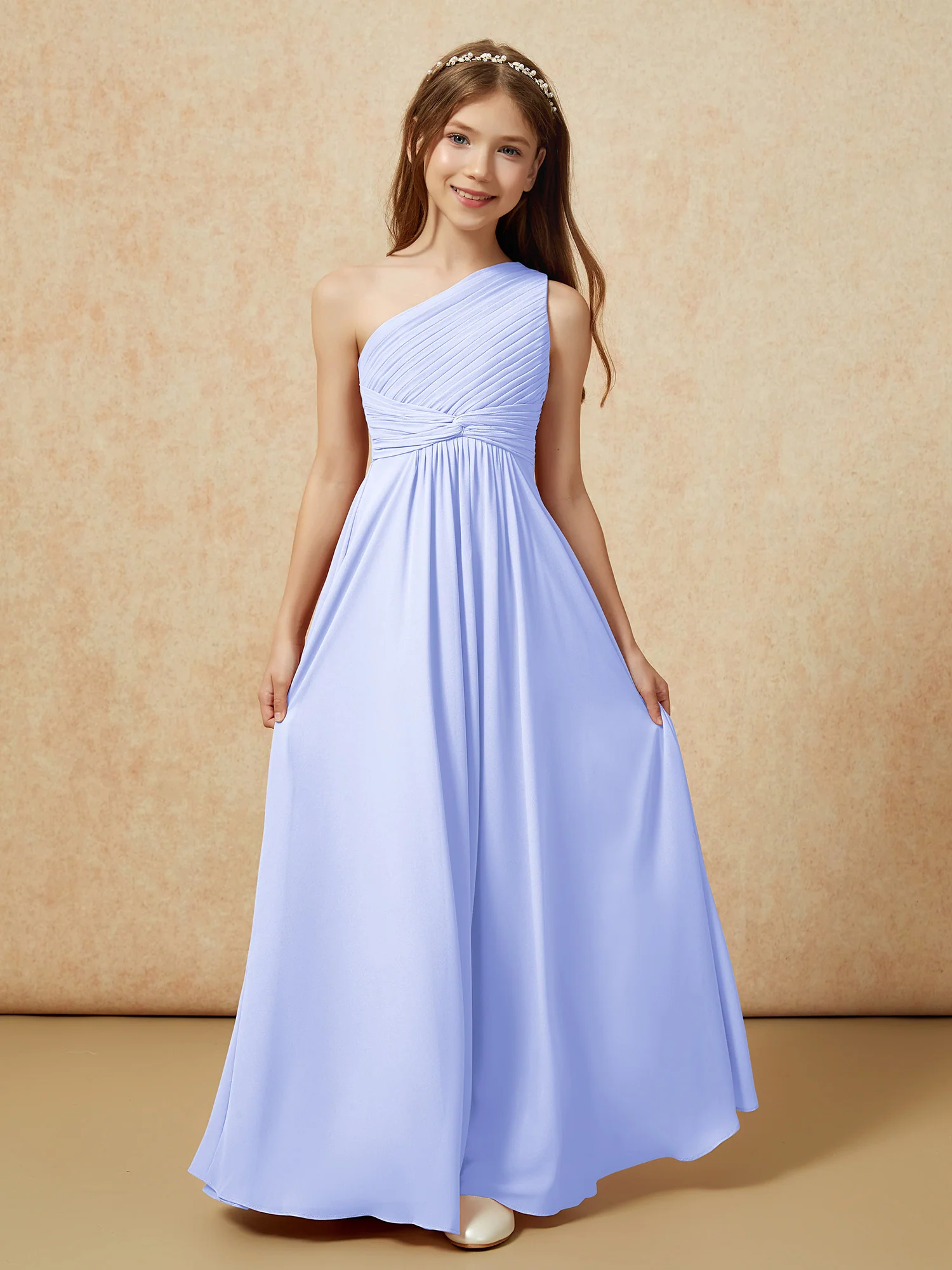 One Shoulder Pleated Chiffon Junior Bridesmaid Dress Lavender - Image 4