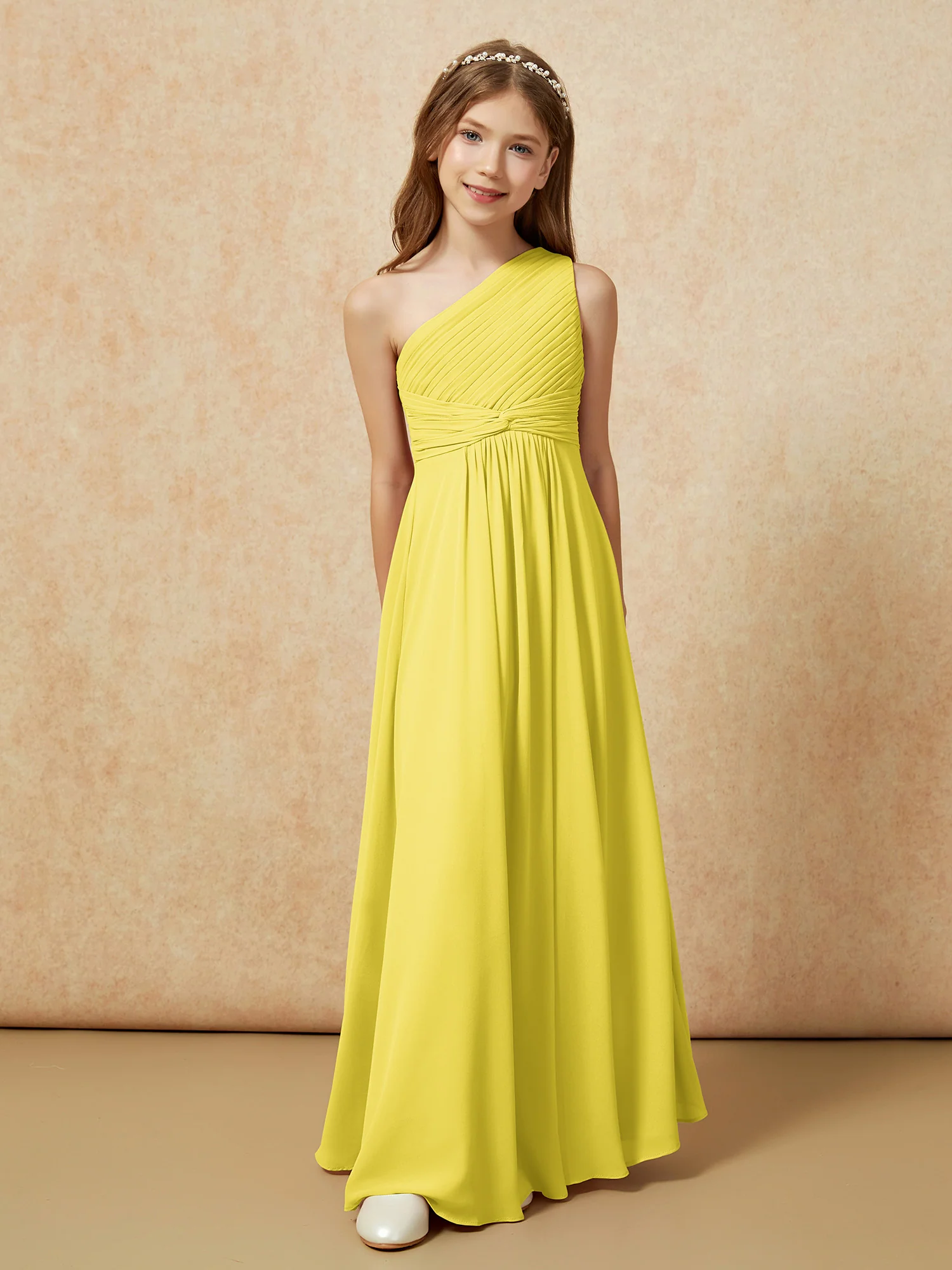 One Shoulder Pleated Chiffon Junior Bridesmaid Dress Lemon