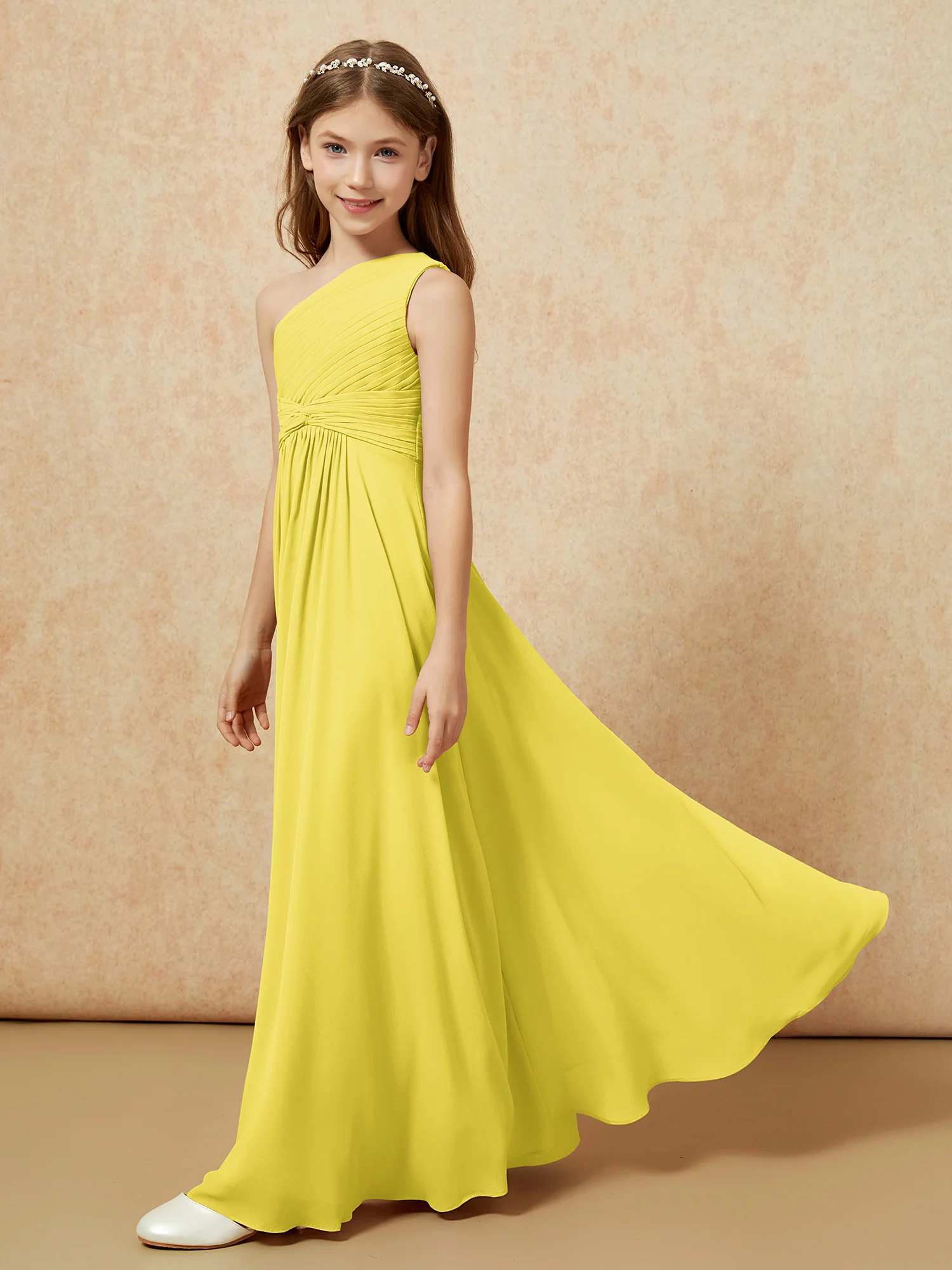 One Shoulder Pleated Chiffon Junior Bridesmaid Dress Lemon - Image 3