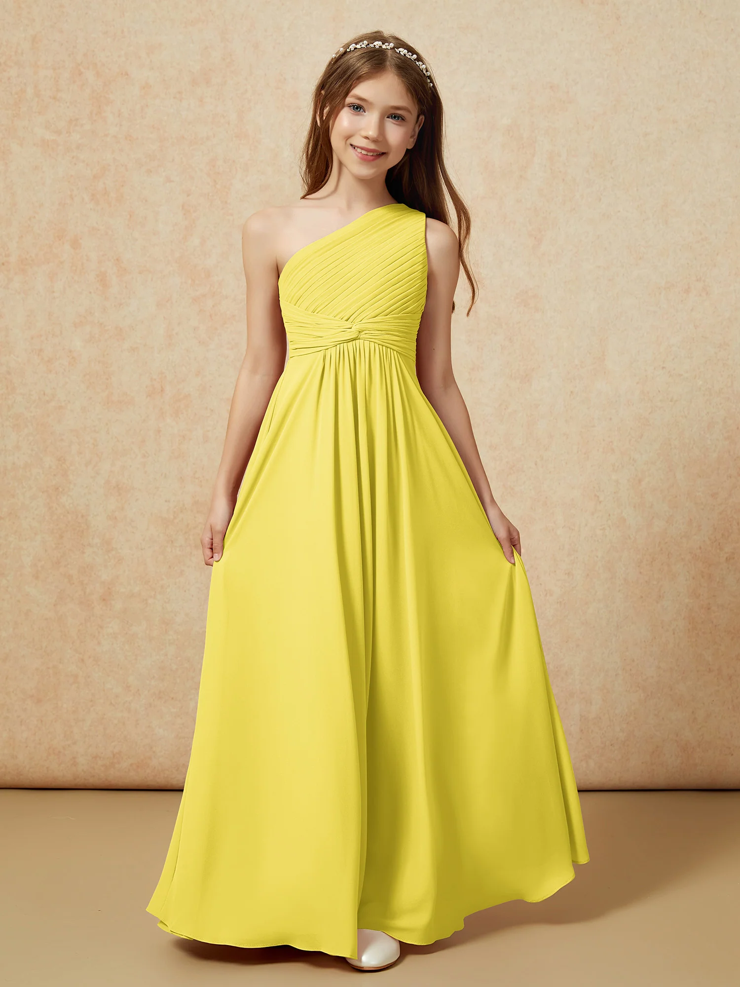 One Shoulder Pleated Chiffon Junior Bridesmaid Dress Lemon - Image 4