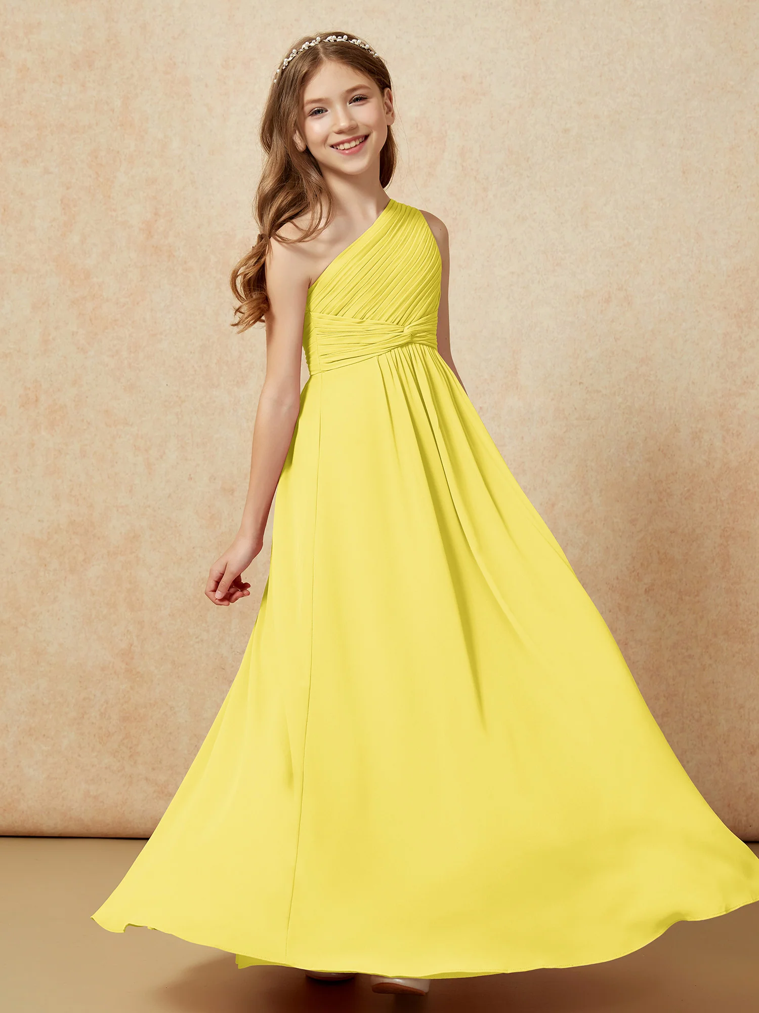 One Shoulder Pleated Chiffon Junior Bridesmaid Dress Lemon - Image 5