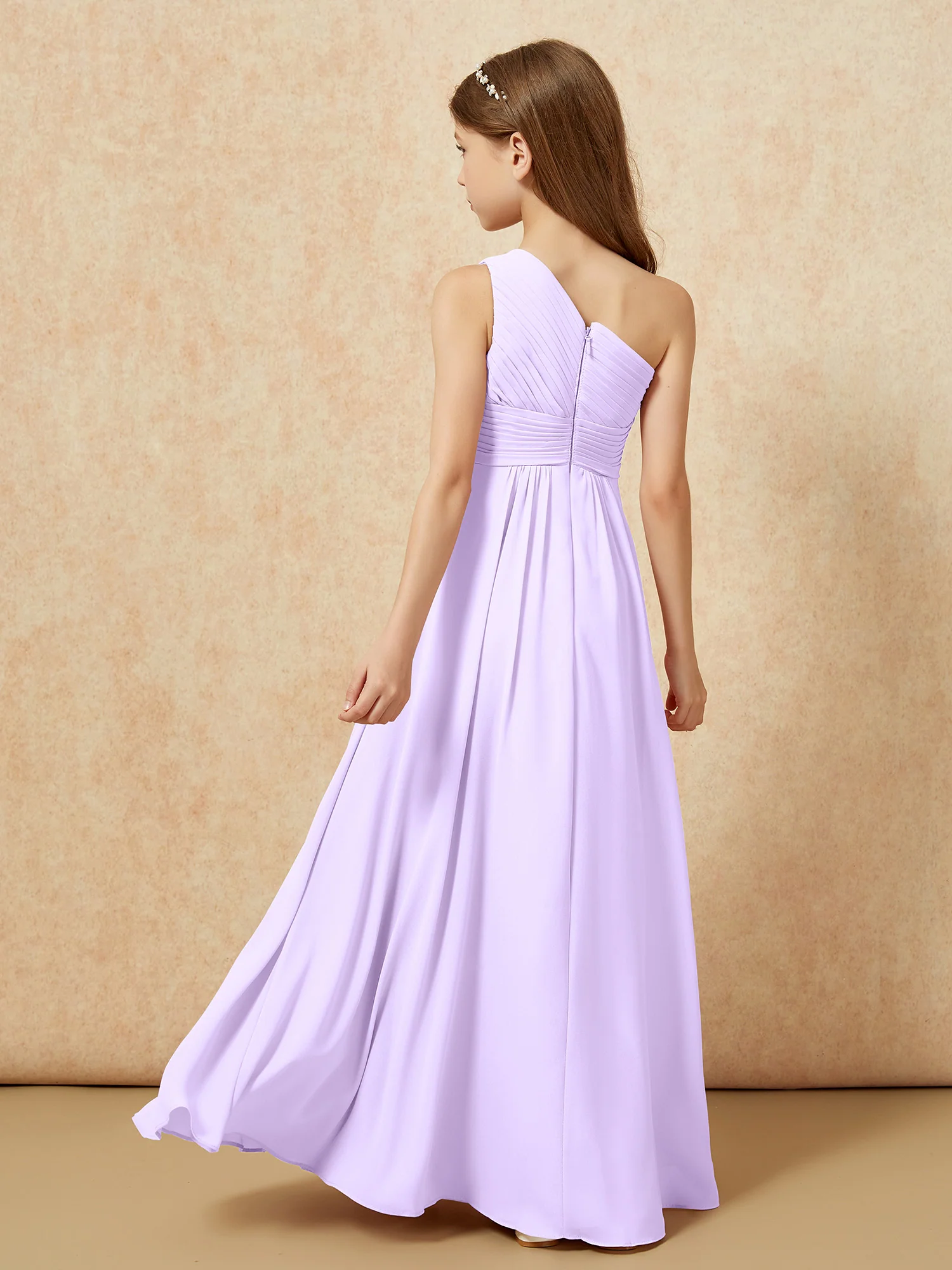 One Shoulder Pleated Chiffon Junior Bridesmaid Dress Lilac - Image 2