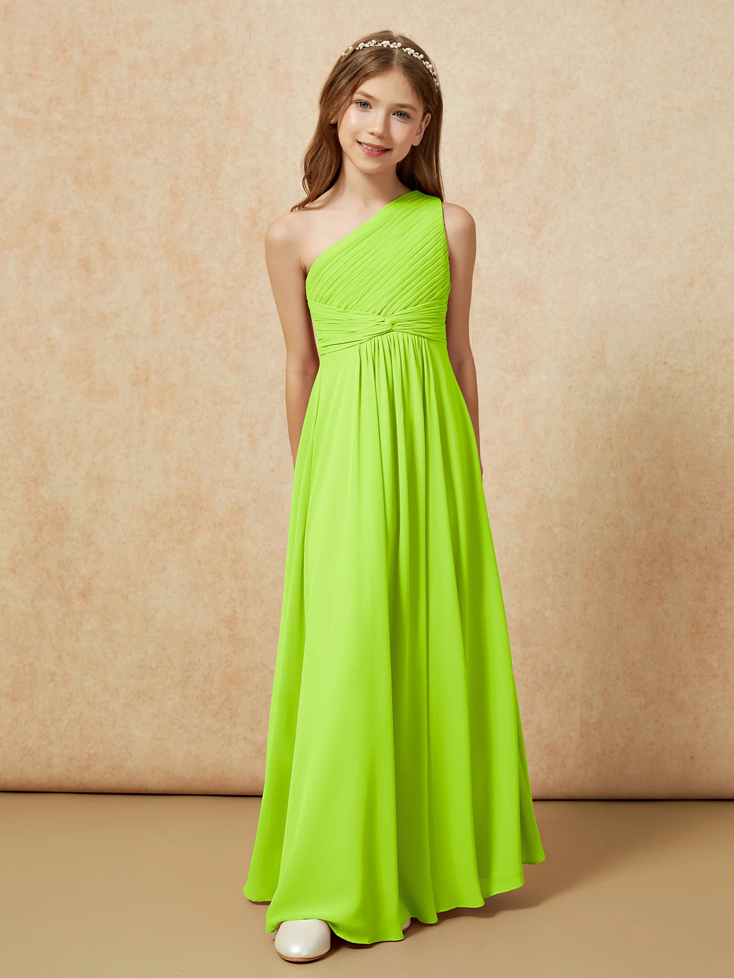 One Shoulder Pleated Chiffon Junior Bridesmaid Dress Lime Green