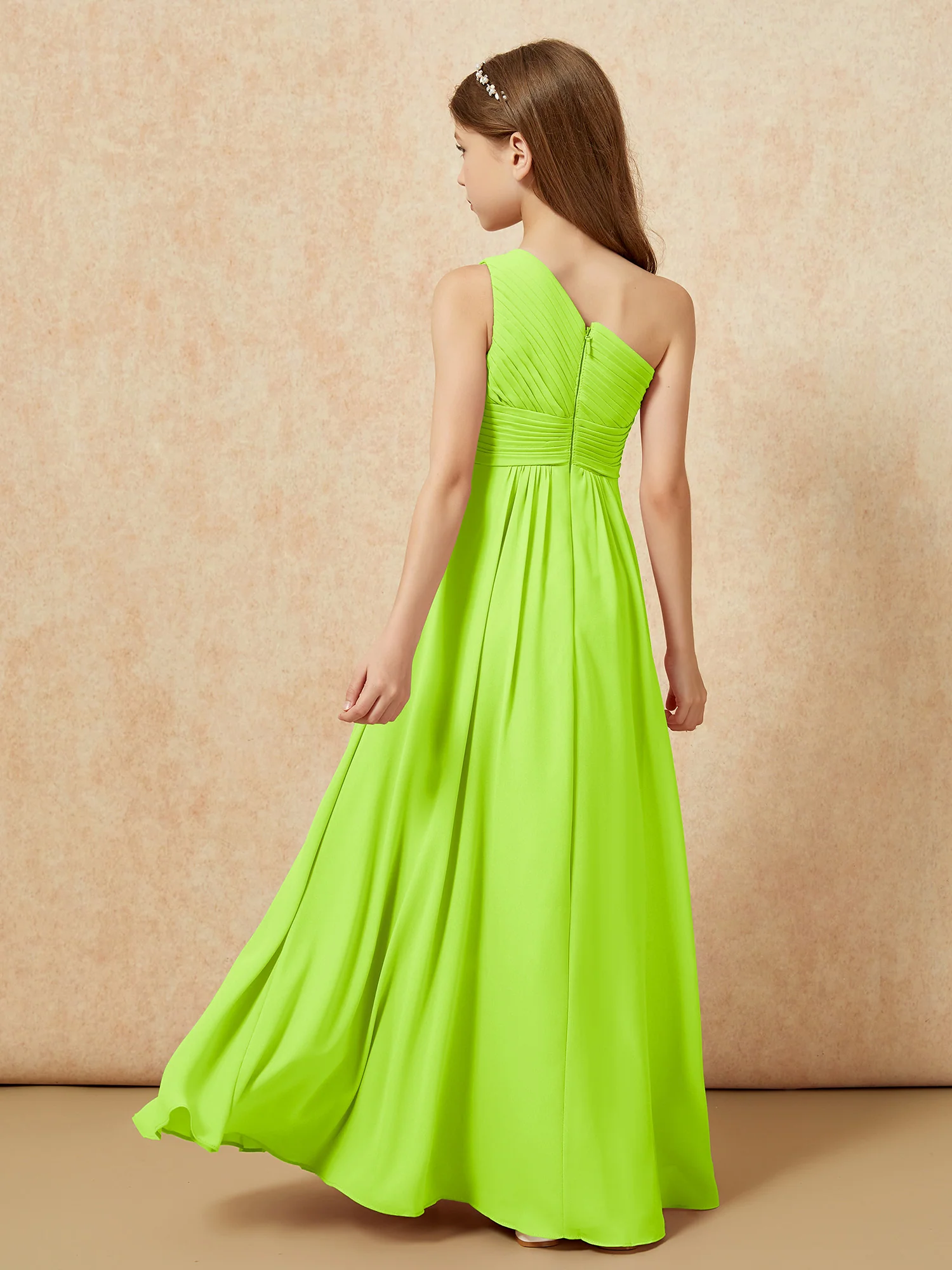 One Shoulder Pleated Chiffon Junior Bridesmaid Dress Lime Green - Image 2