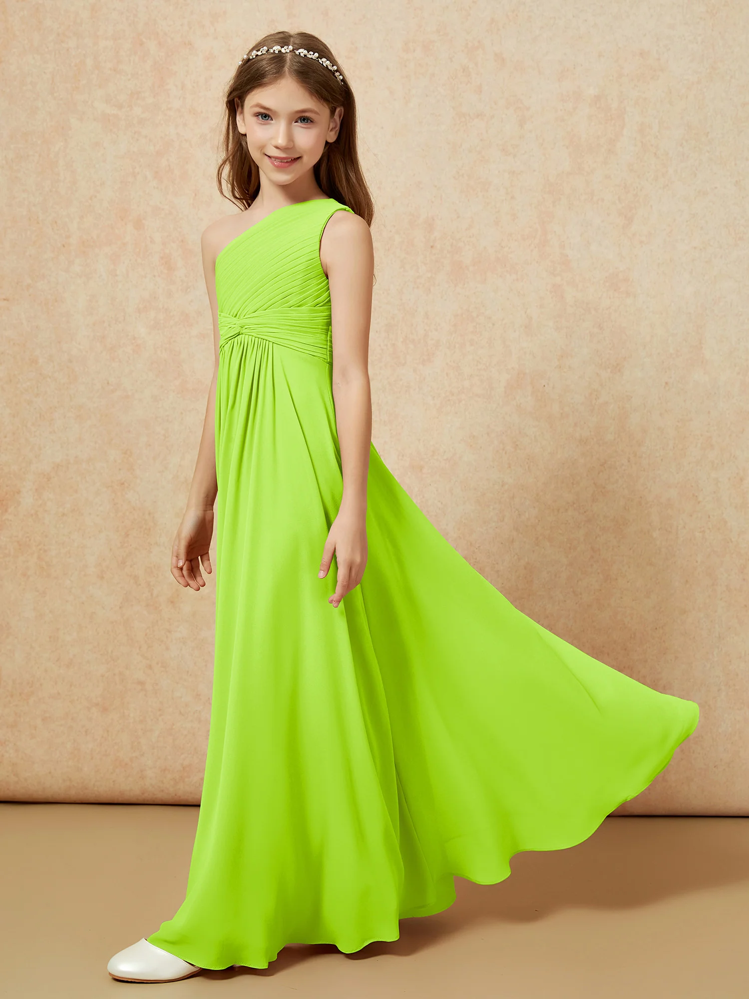 One Shoulder Pleated Chiffon Junior Bridesmaid Dress Lime Green - Image 3