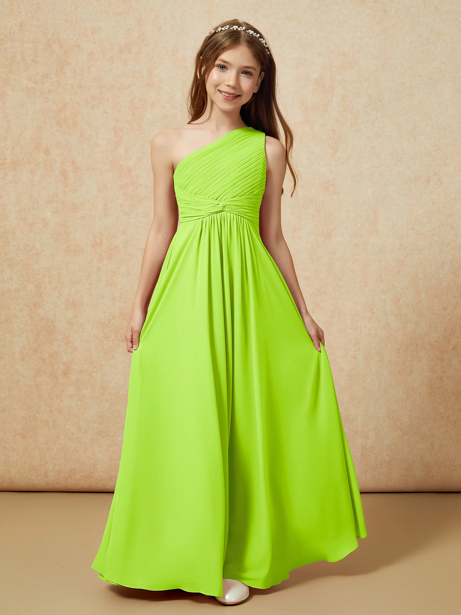 One Shoulder Pleated Chiffon Junior Bridesmaid Dress Lime Green - Image 4