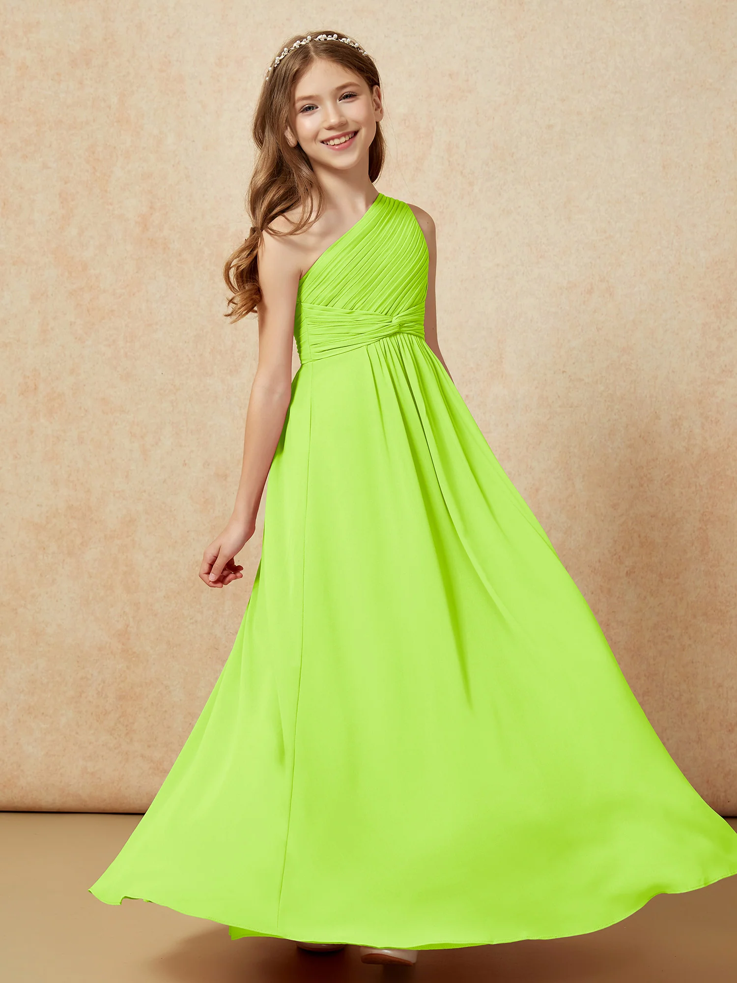 One Shoulder Pleated Chiffon Junior Bridesmaid Dress Lime Green - Image 5