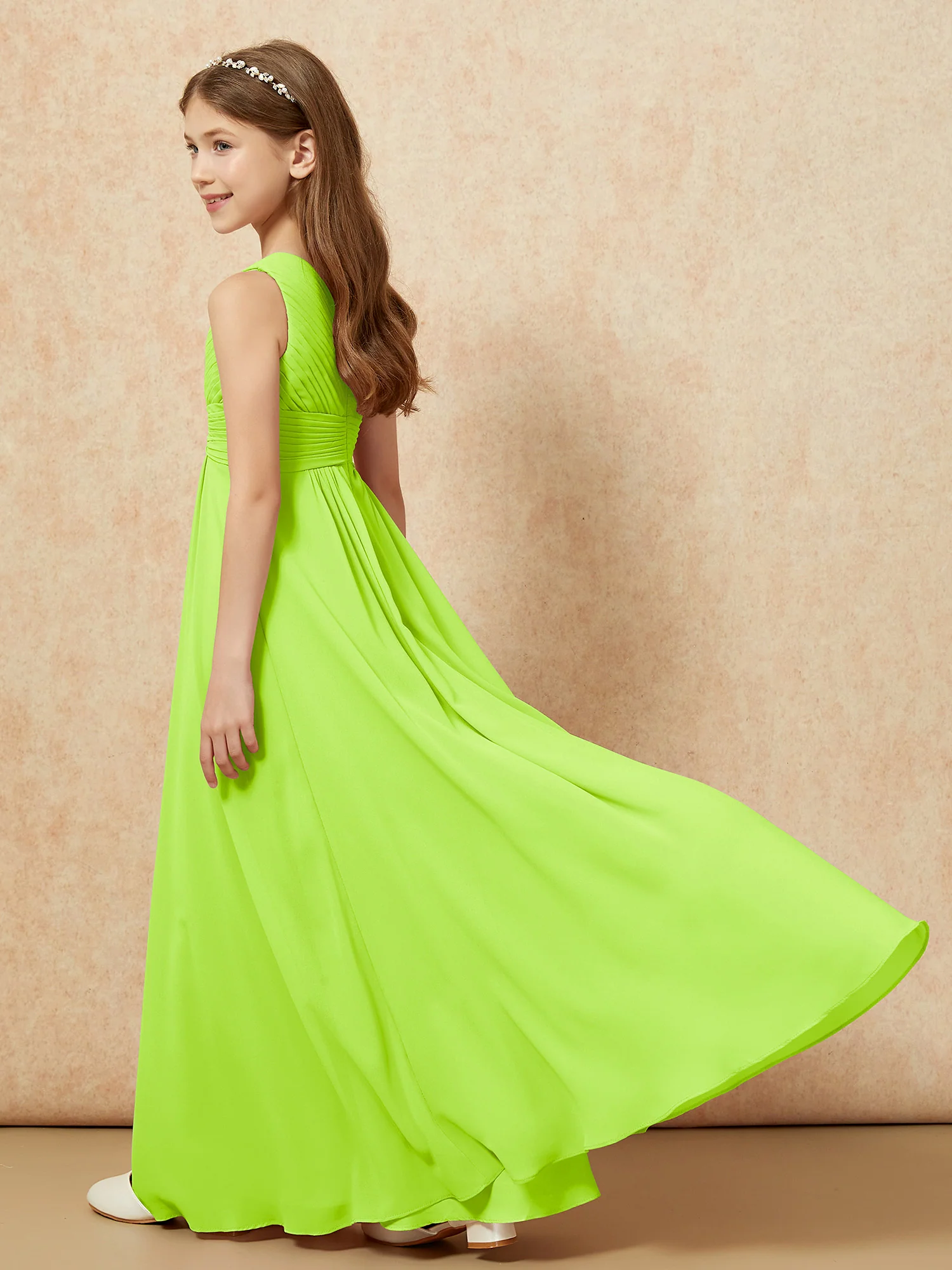 One Shoulder Pleated Chiffon Junior Bridesmaid Dress Lime Green - Image 6