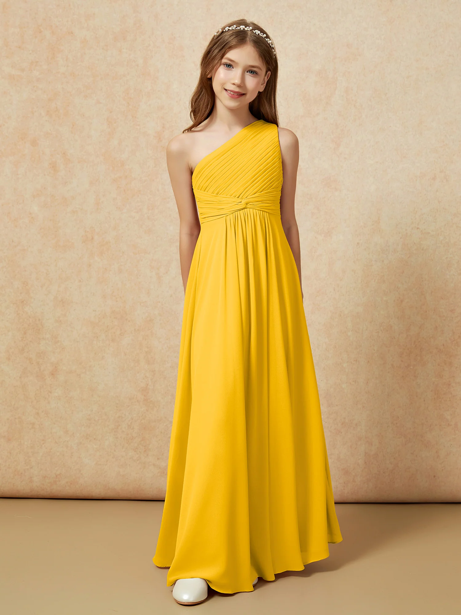 One Shoulder Pleated Chiffon Junior Bridesmaid Dress Marigold