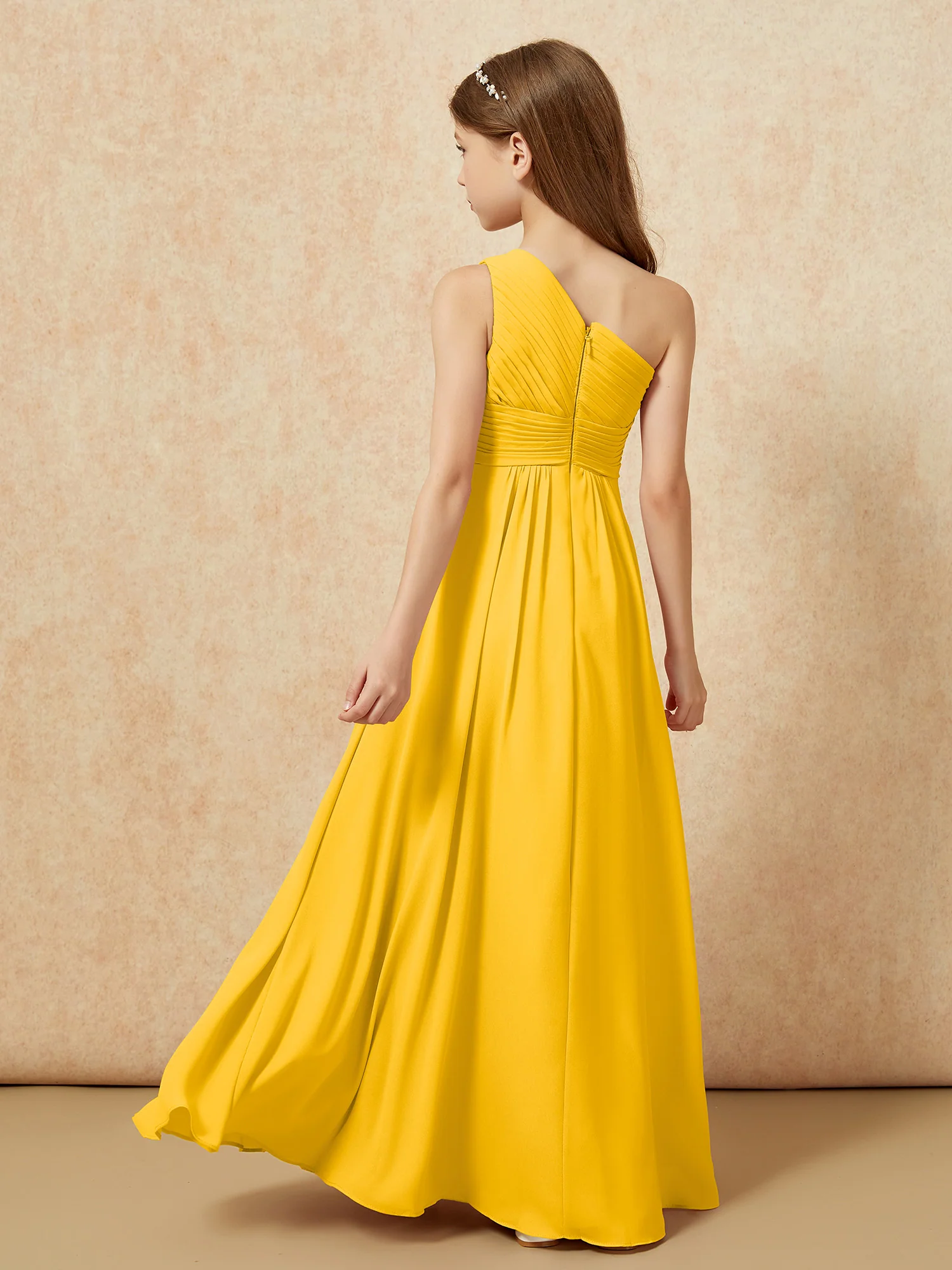One Shoulder Pleated Chiffon Junior Bridesmaid Dress Marigold - Image 2