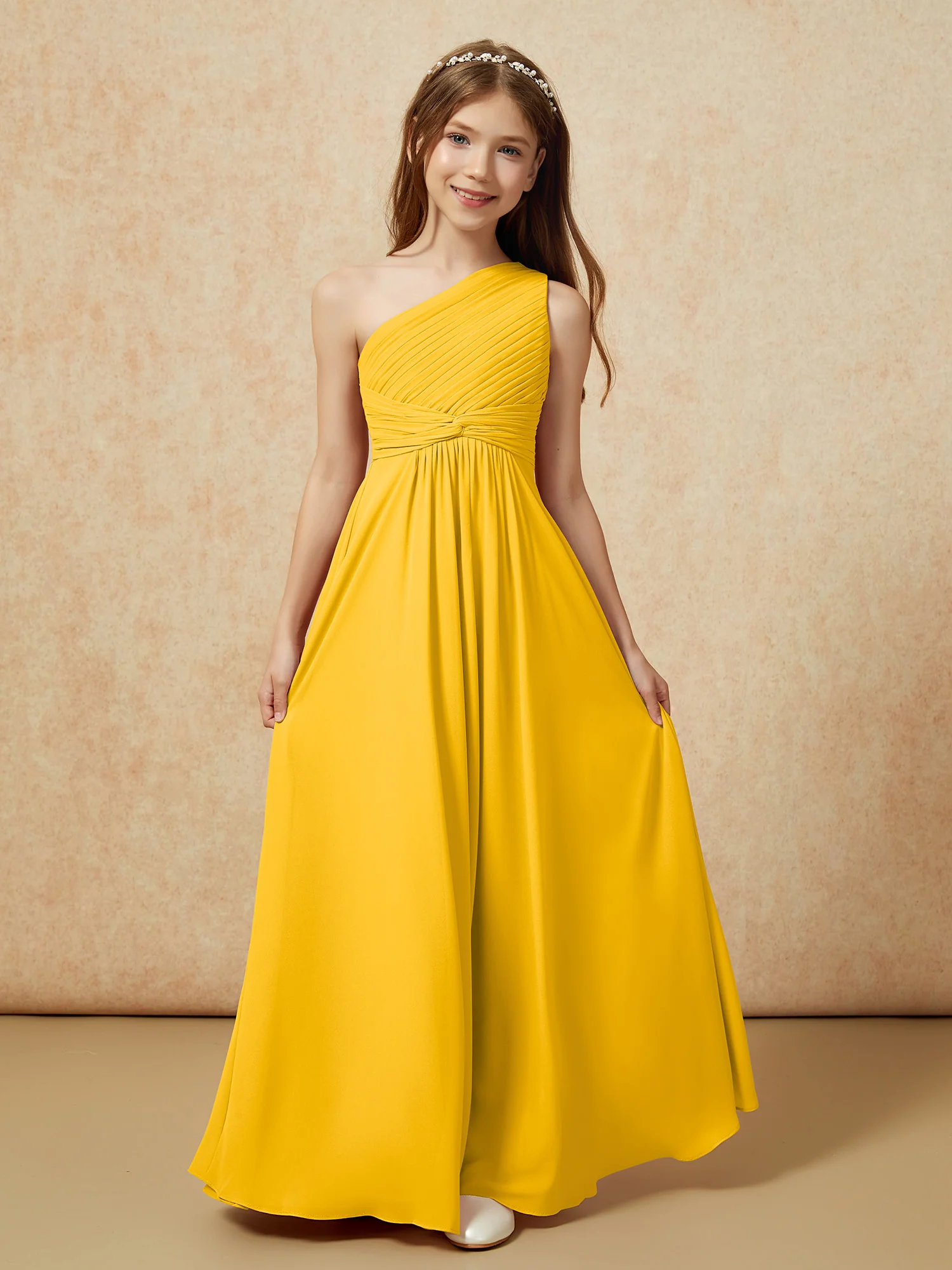 One Shoulder Pleated Chiffon Junior Bridesmaid Dress Marigold - Image 4