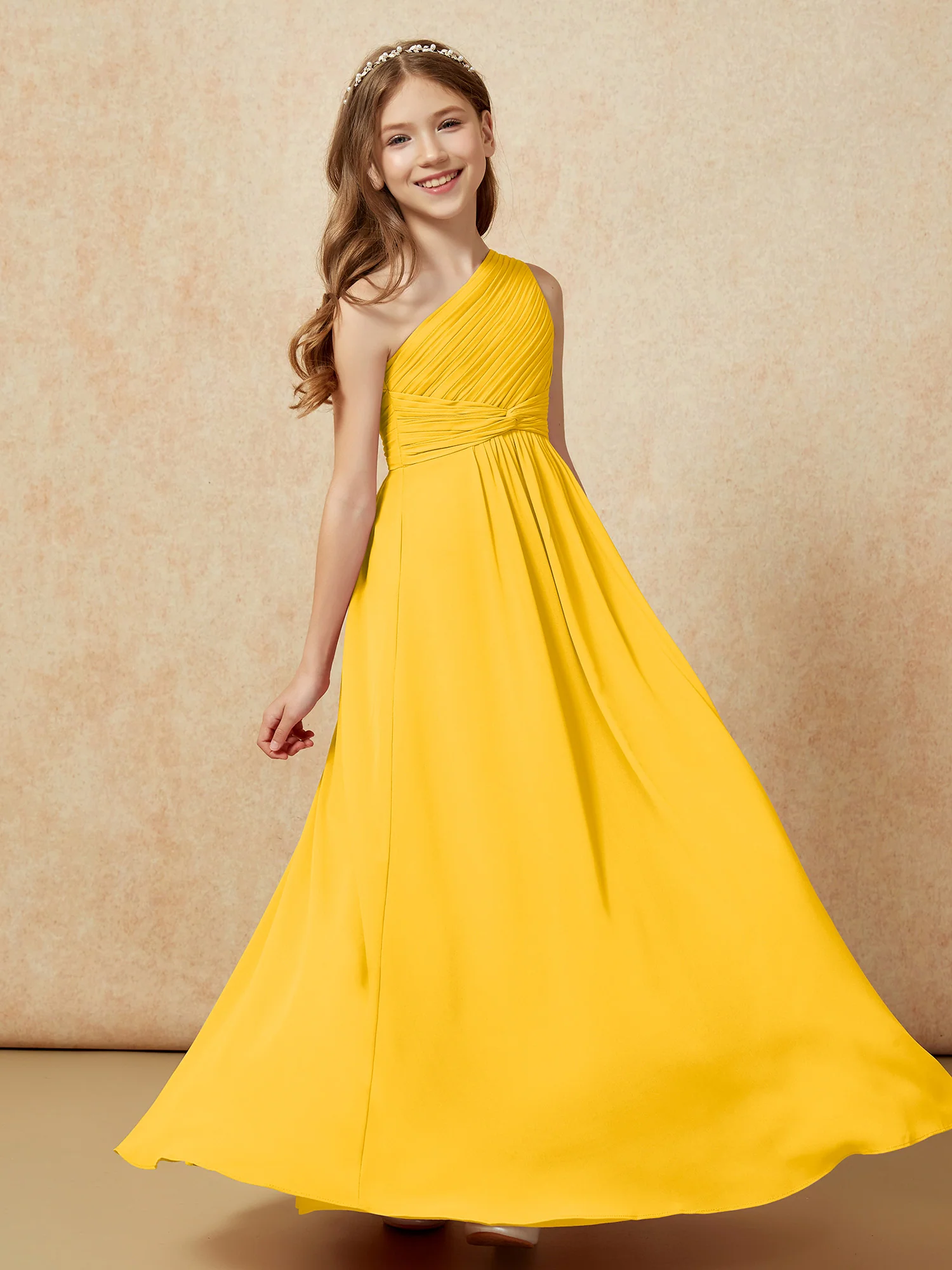 One Shoulder Pleated Chiffon Junior Bridesmaid Dress Marigold - Image 5