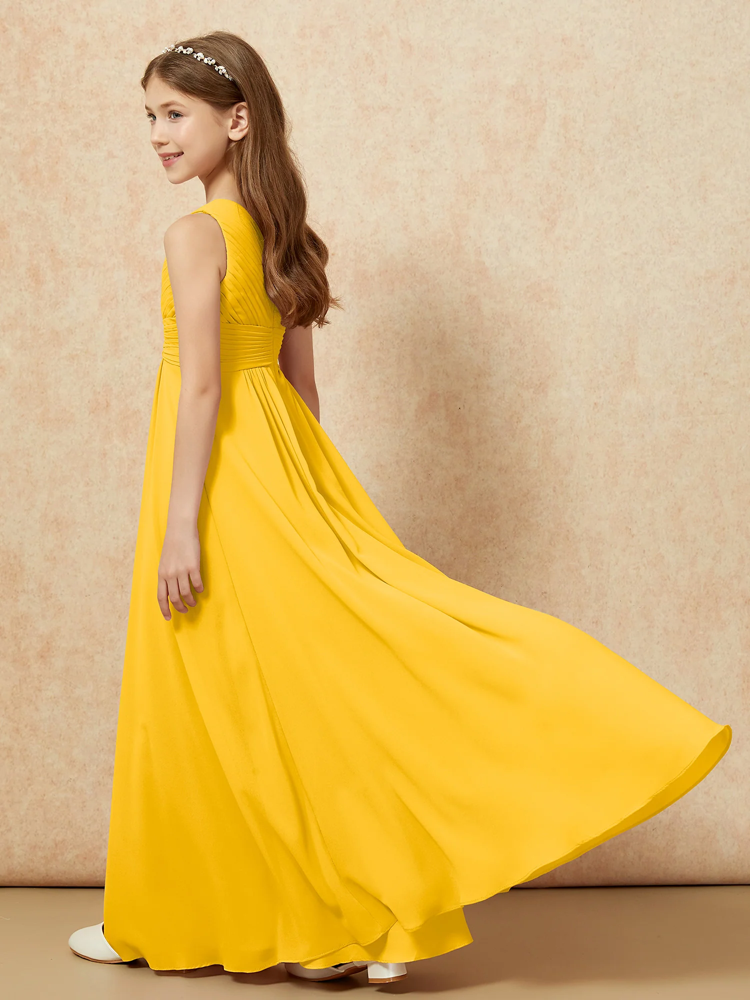 One Shoulder Pleated Chiffon Junior Bridesmaid Dress Marigold - Image 6