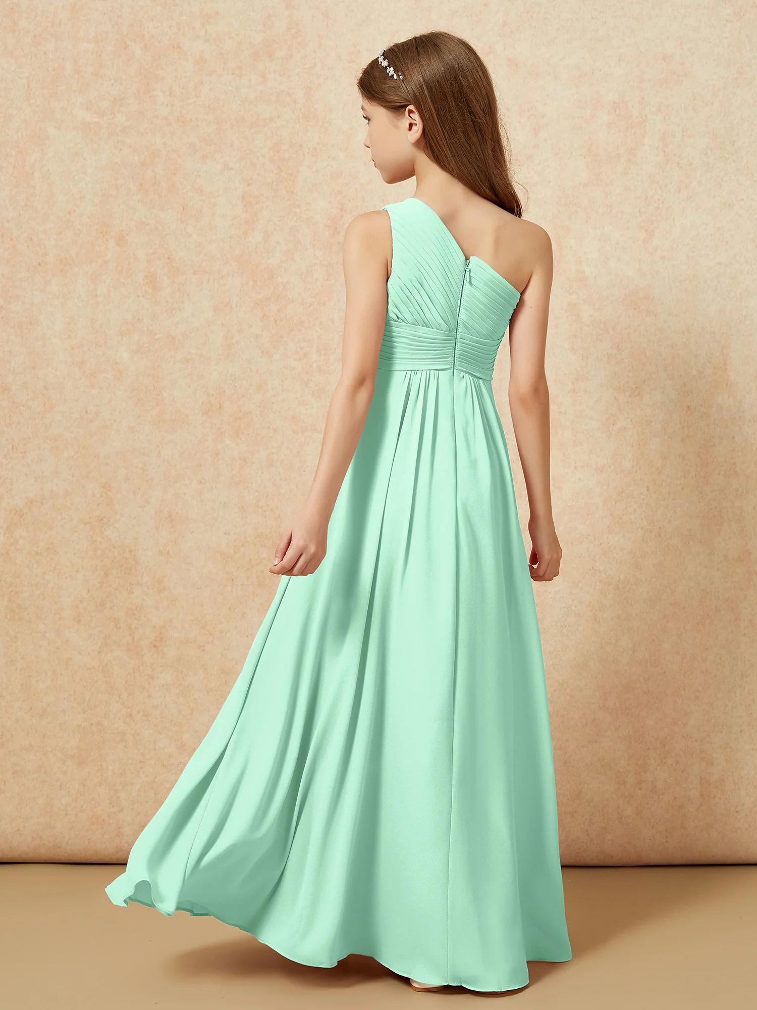 One Shoulder Pleated Chiffon Junior Bridesmaid Dress Mint Green - Image 2